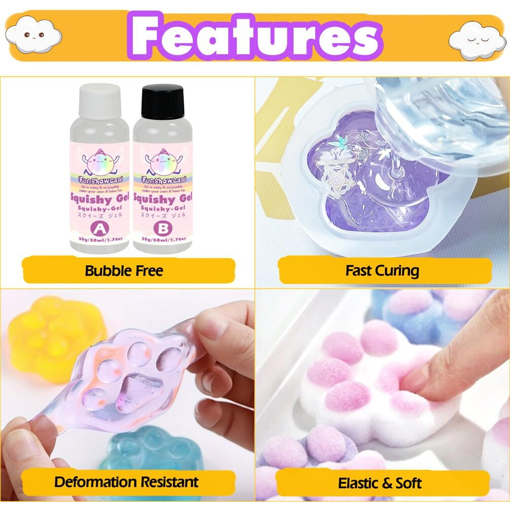 Taba Squishy Kit Set Liquid Gel+3"" Paw Silicone Mold+Flocking