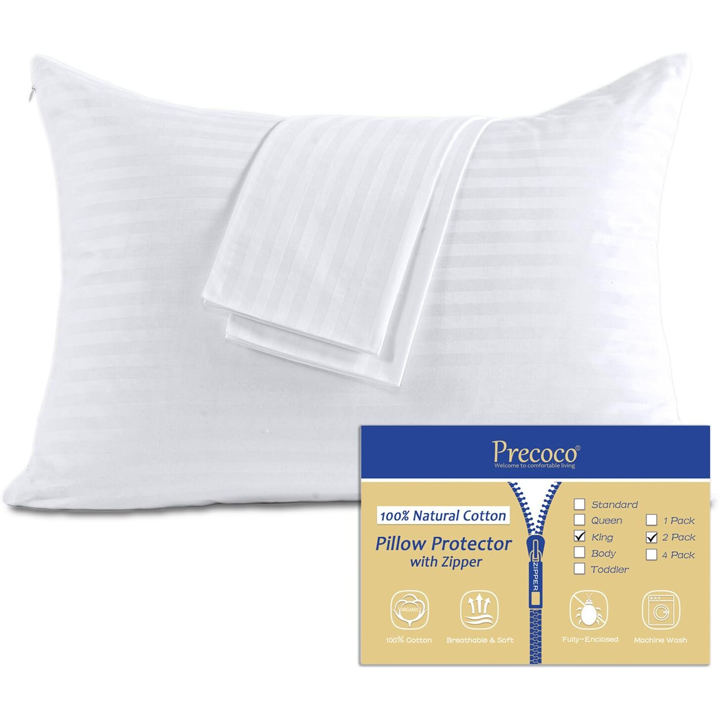 100% Cotton King Pillow Protectors With Zipper  White Pillow Cases King Size Set Of 2 For Home & Hotel  Sateen Soft Cooling Hidden Zippered Pillow Case Protector For Hair & Skin  20X36 In