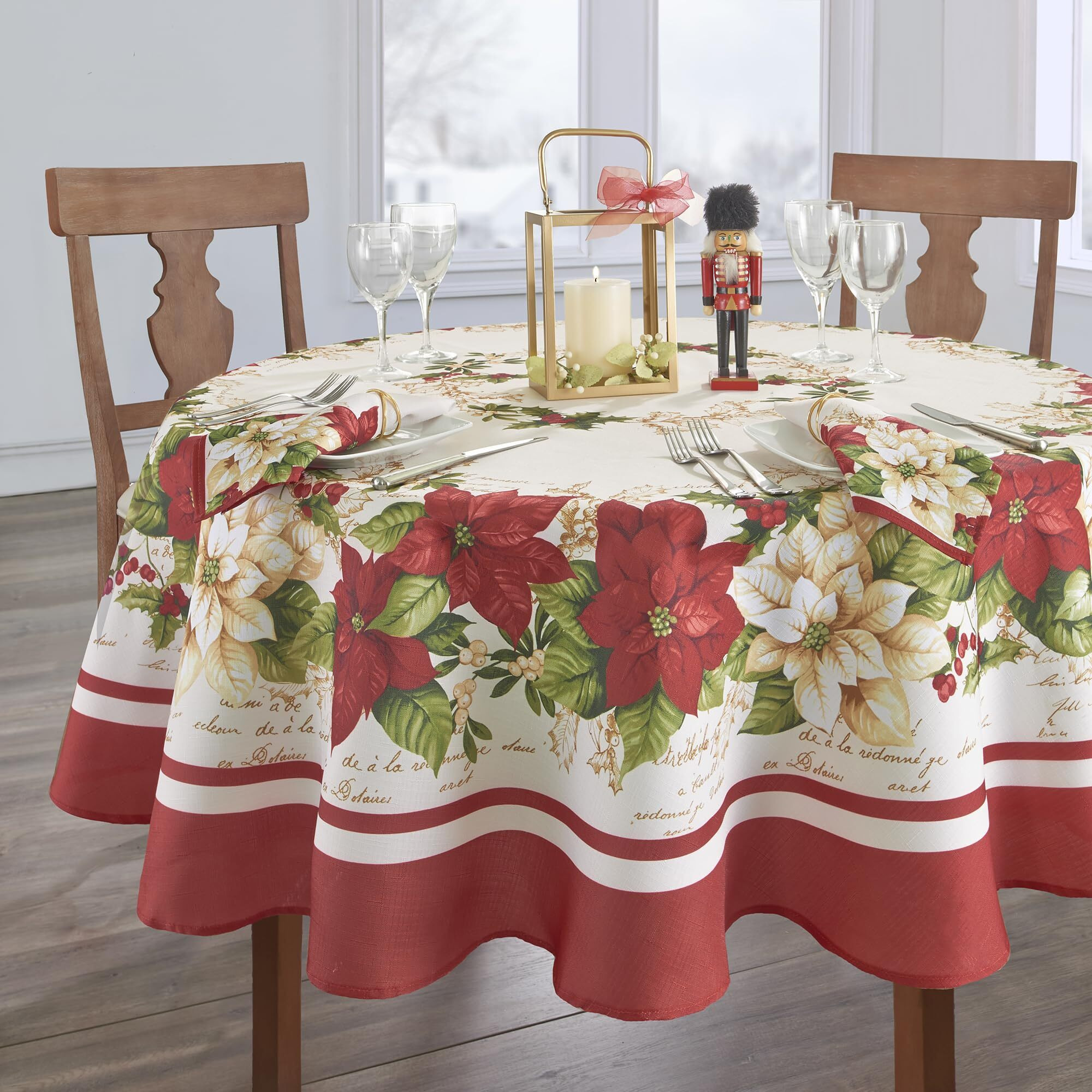 Elrene Home Fashions Red And White Poinsettia Holiday Fabric Wrinkle Resistant Tablecloth  70"" Round  Multi