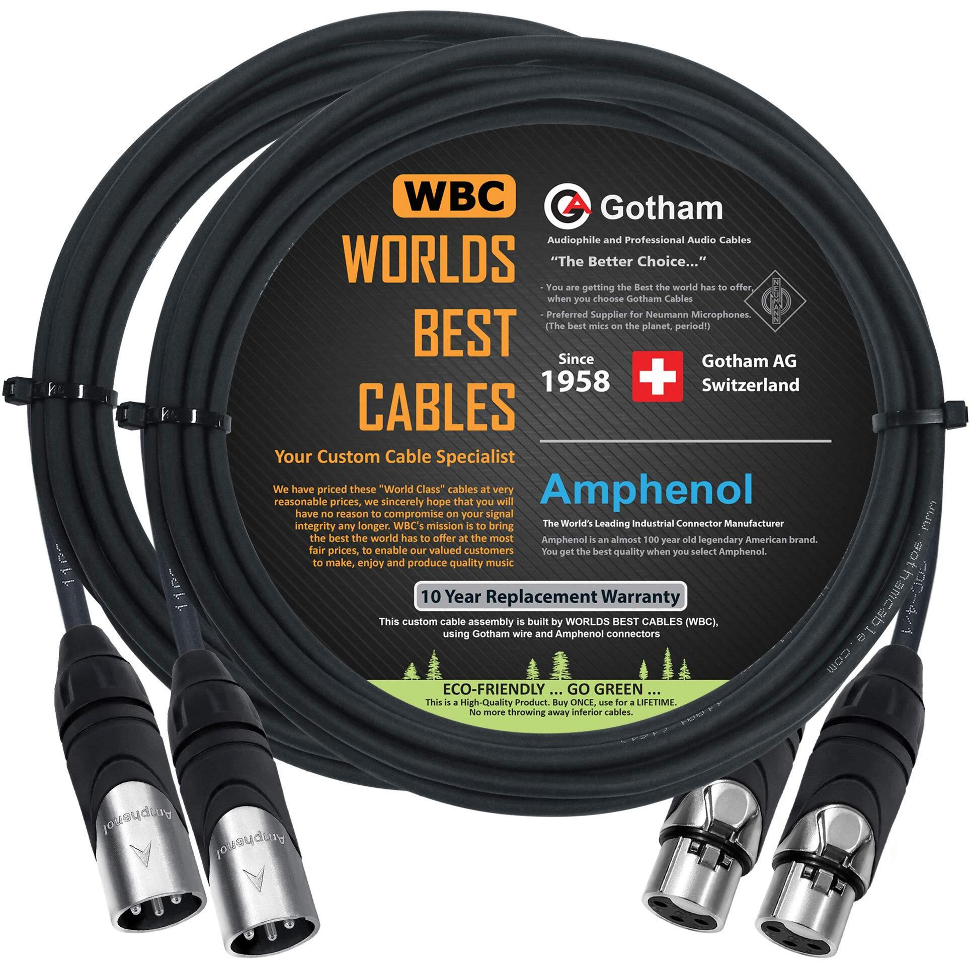 2 Units - 8 Foot - Gotham Gac-4/1 (Black) - Star Quad  Dual Shielded Balanced Male To Female Microphone Cables With Amphenol Ax3M & Ax3F Silver Xlr Connectors - Custom Made By Worlds Best Cables
