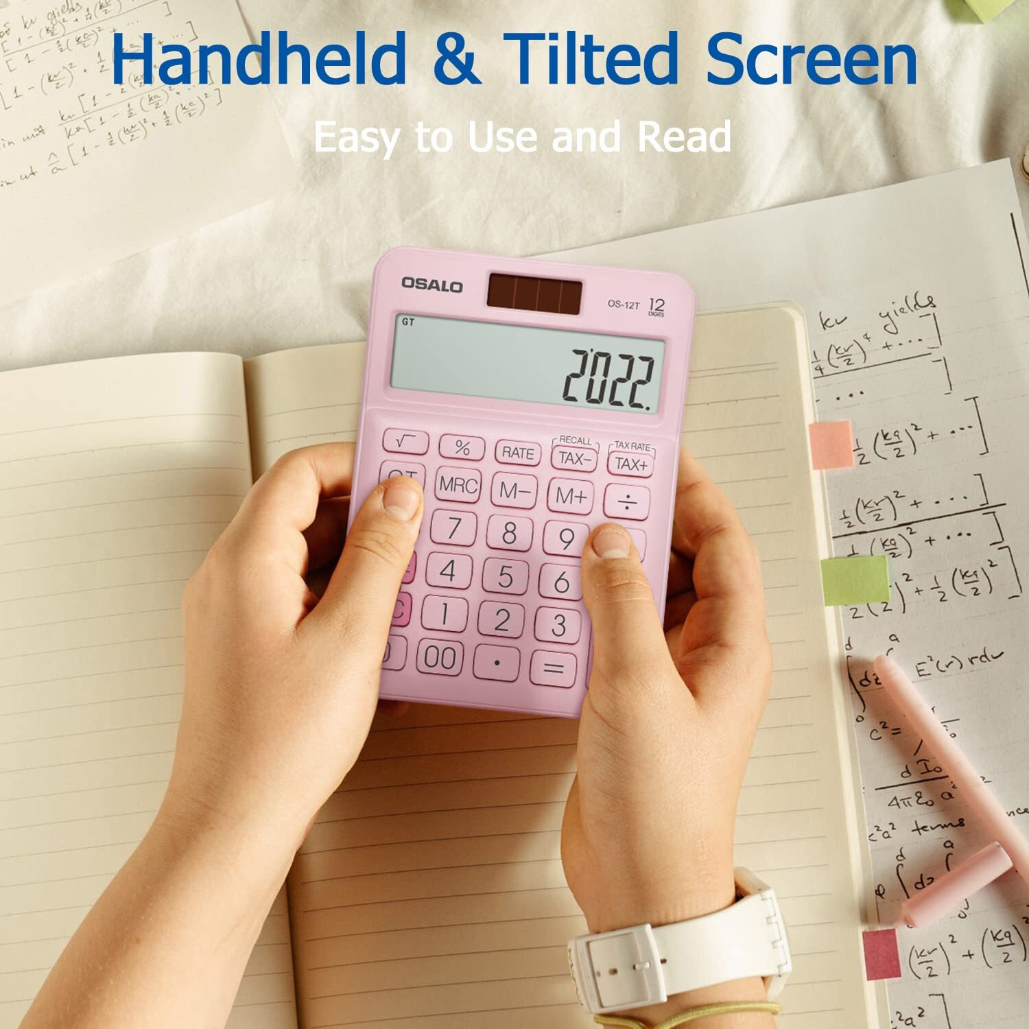 Pocket Small Size Desk Calculator  12 Digit Large Lcd Display  Basic Tax Function Handheld Desktop Calculator With Solar Battery Dual Power  Perfect For Office  School  Business Os-12T (Pink)