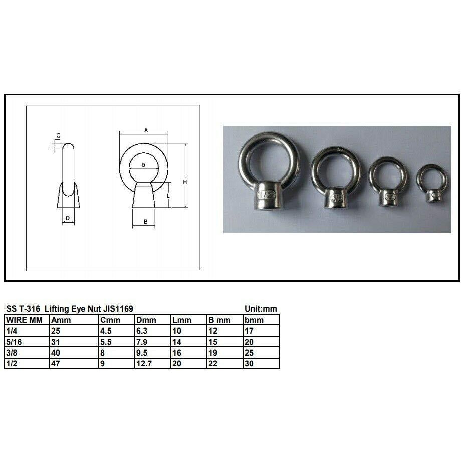 2 Pieces 316 Stainless Steel Lifting Eye Nut 3/8"" Unc Marine Grade (3/8"" - 2 Pk)