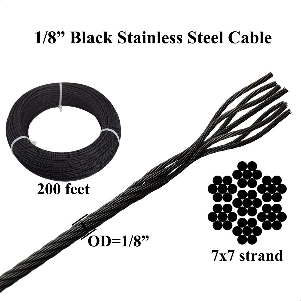 Toukioo Black Cable Railing Hardware Kit  For 1/8 Cable Railing System  Black Stainless Steel Wire Rope Cable  7 X 7 Strands Construction  200Ft