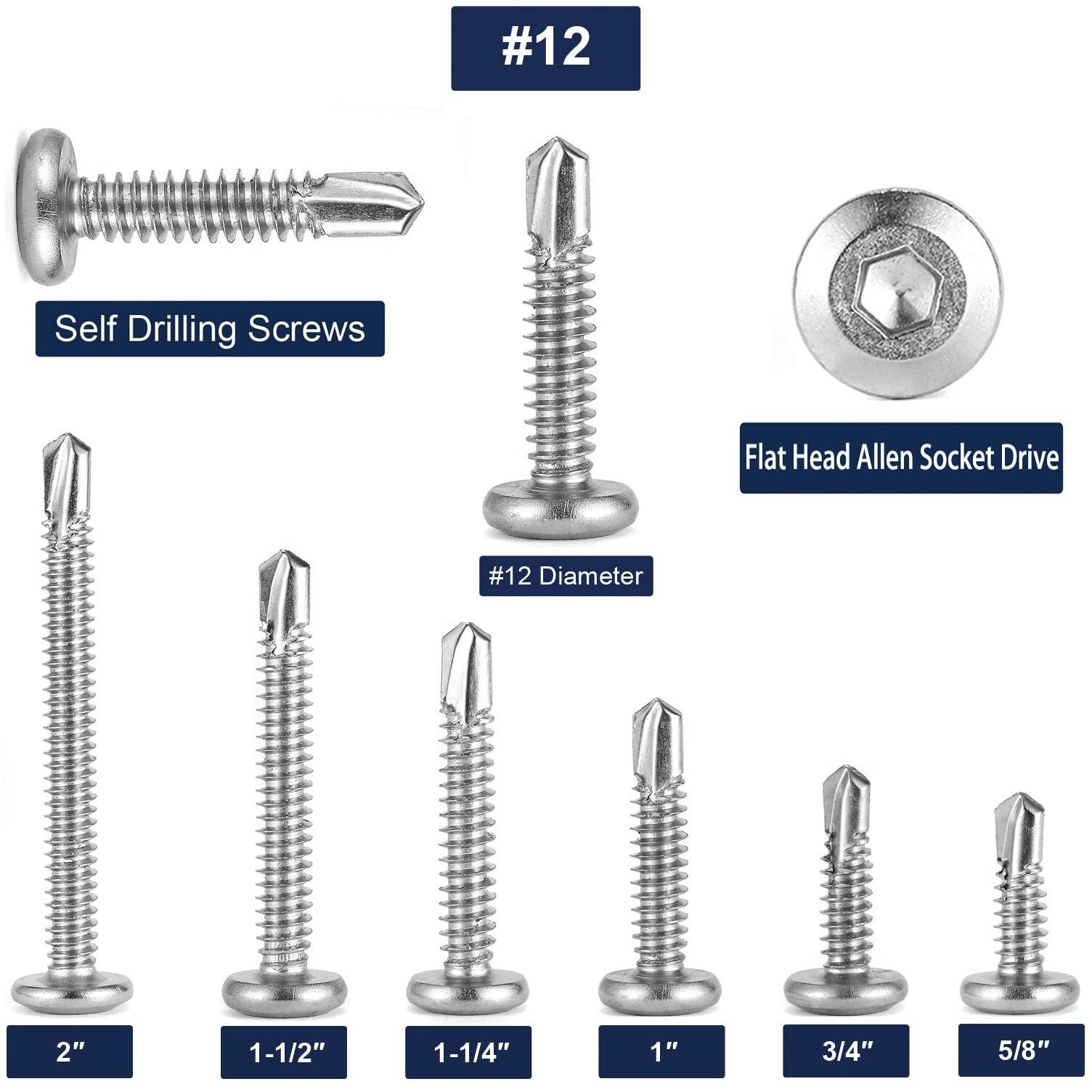 12 X 1-1/2"" Sheet Metal Screws 100Pcs 410 Stainless Steel Flat Head Socket Cap Screws  Tek Screws Allen Socket Drive Screws Fast Self Tapping Screws By Sg Tzh