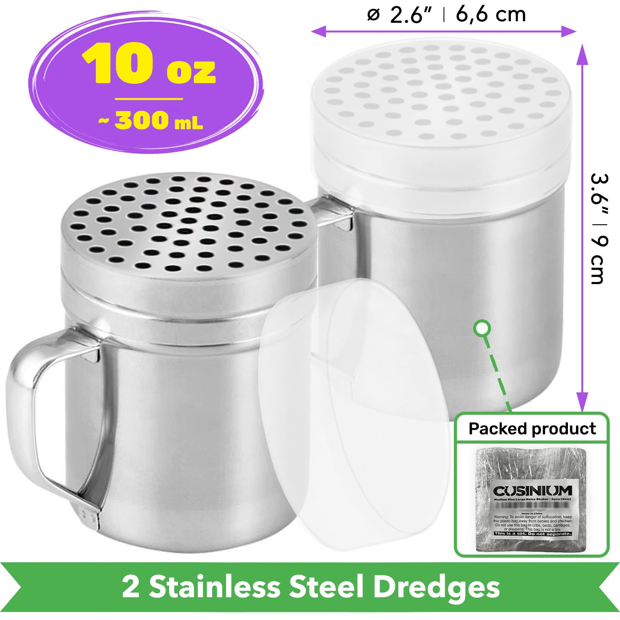 Cusinium 10Oz Metal Parmesan Cheese Shakers With Large Holes - With Handle - Chili Flakes Dispensers - Pizza Shakers - Pack Of 2 | Style Coarse