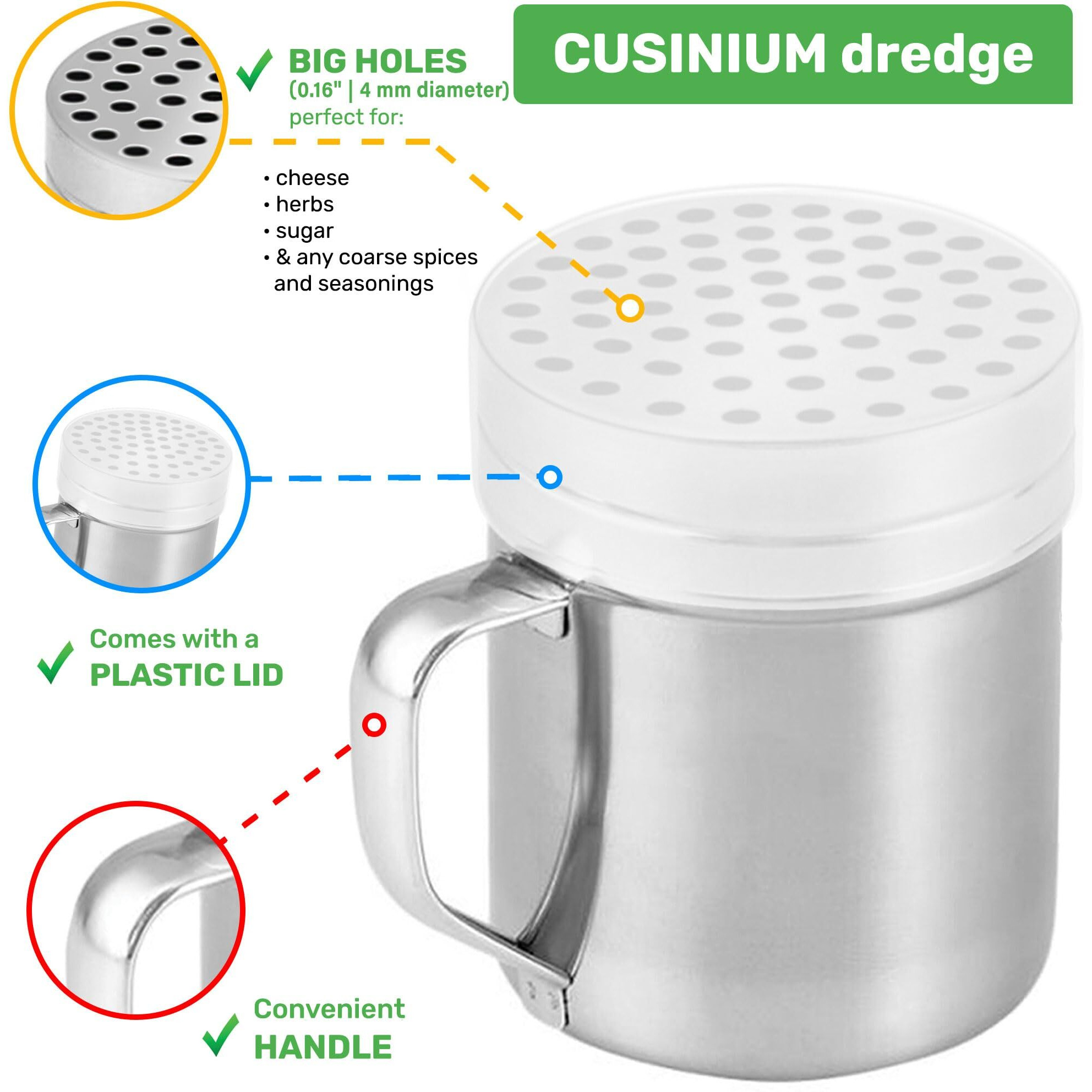 Cusinium 10Oz Metal Parmesan Cheese Shakers With Large Holes - With Handle - Chili Flakes Dispensers - Pizza Shakers - Pack Of 2 | Style Coarse