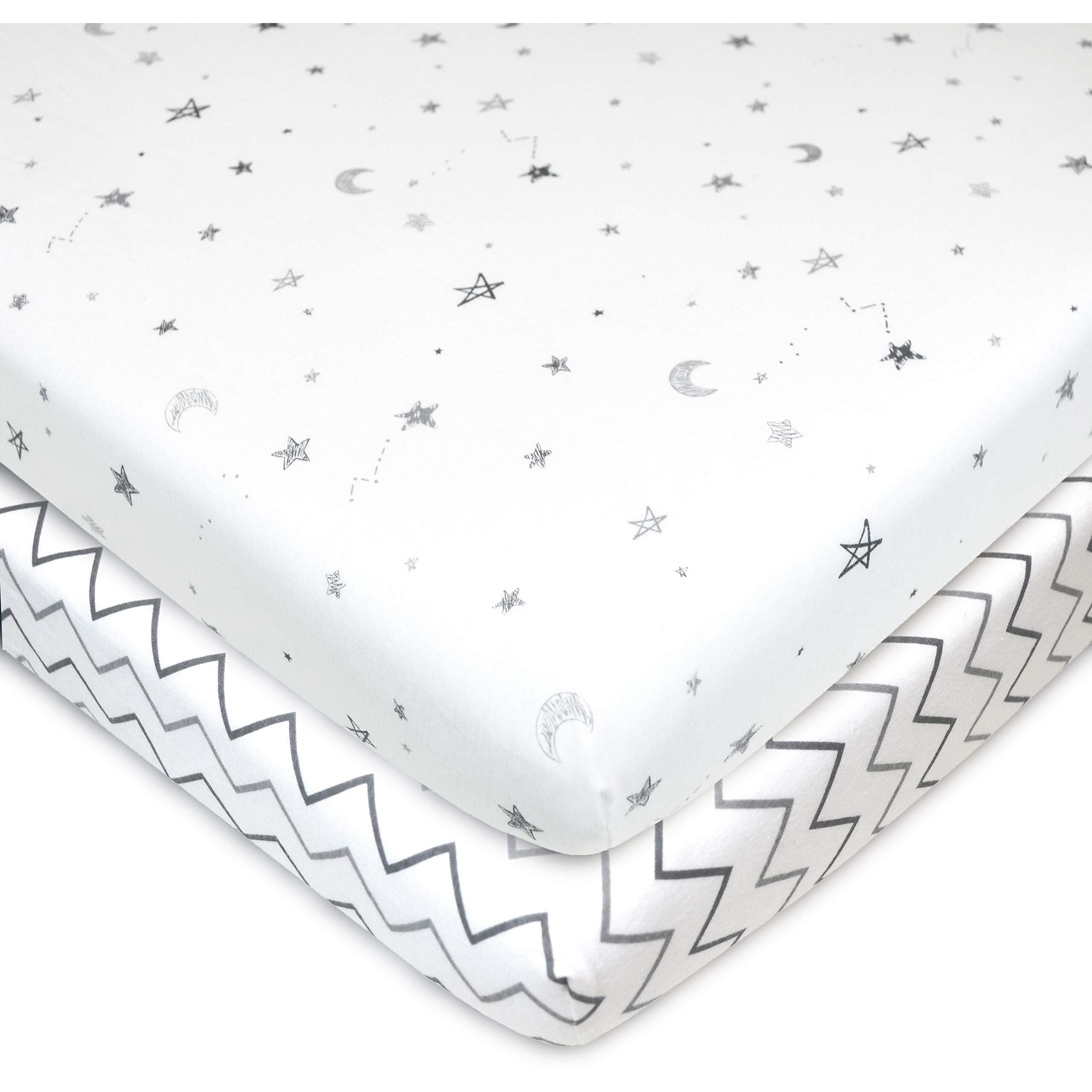 Tl Care 2 Pack Fitted Mini Crib Sheet 24"" X 38""  Soft Breathable Neutral 100% Cotton Jersey Portable Sheet  Gray Star Zigzag  For Boys And Girls  Fits Most Pack N Play Mattresses