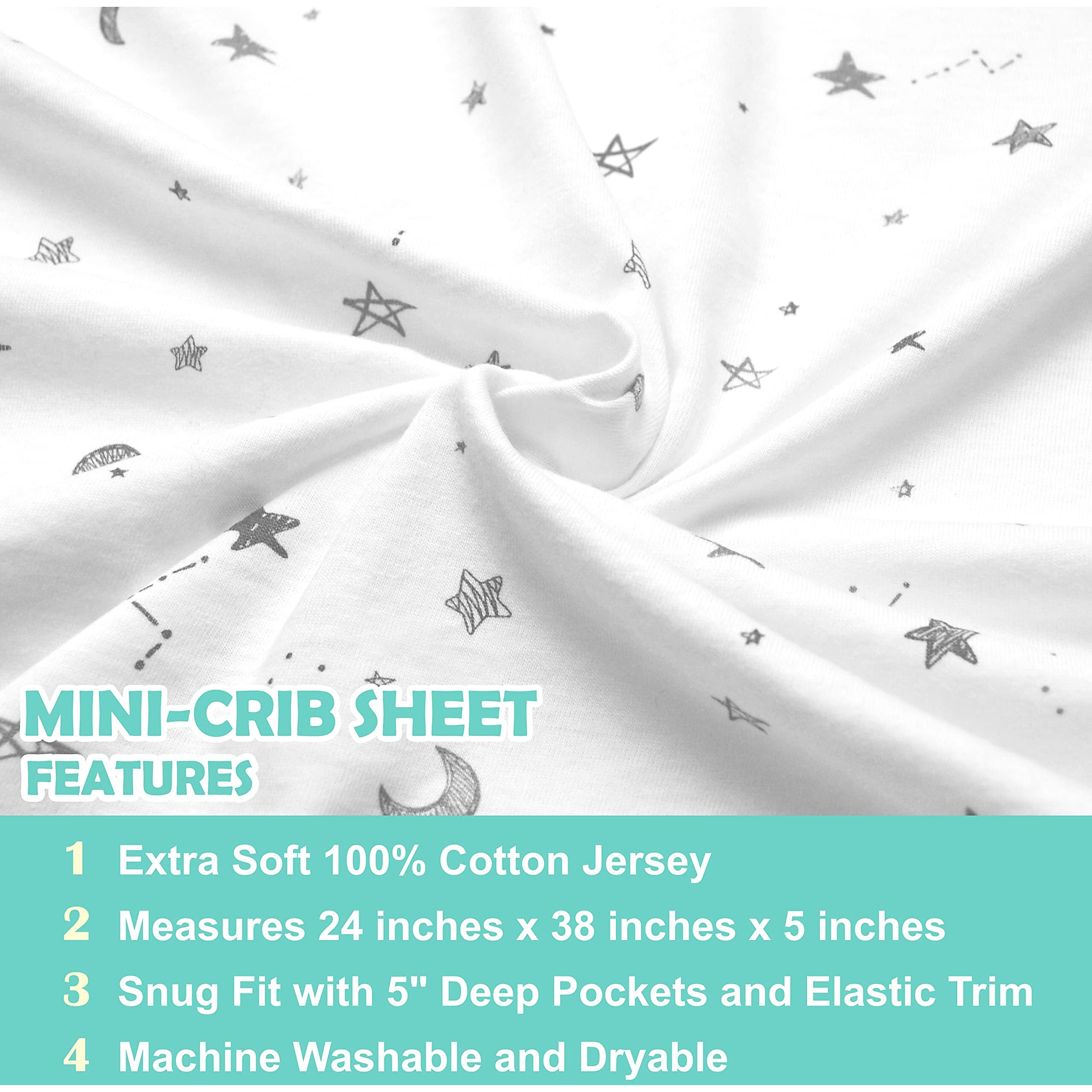 Tl Care 2 Pack Fitted Mini Crib Sheet 24"" X 38""  Soft Breathable Neutral 100% Cotton Jersey Portable Sheet  Gray Star Zigzag  For Boys And Girls  Fits Most Pack N Play Mattresses