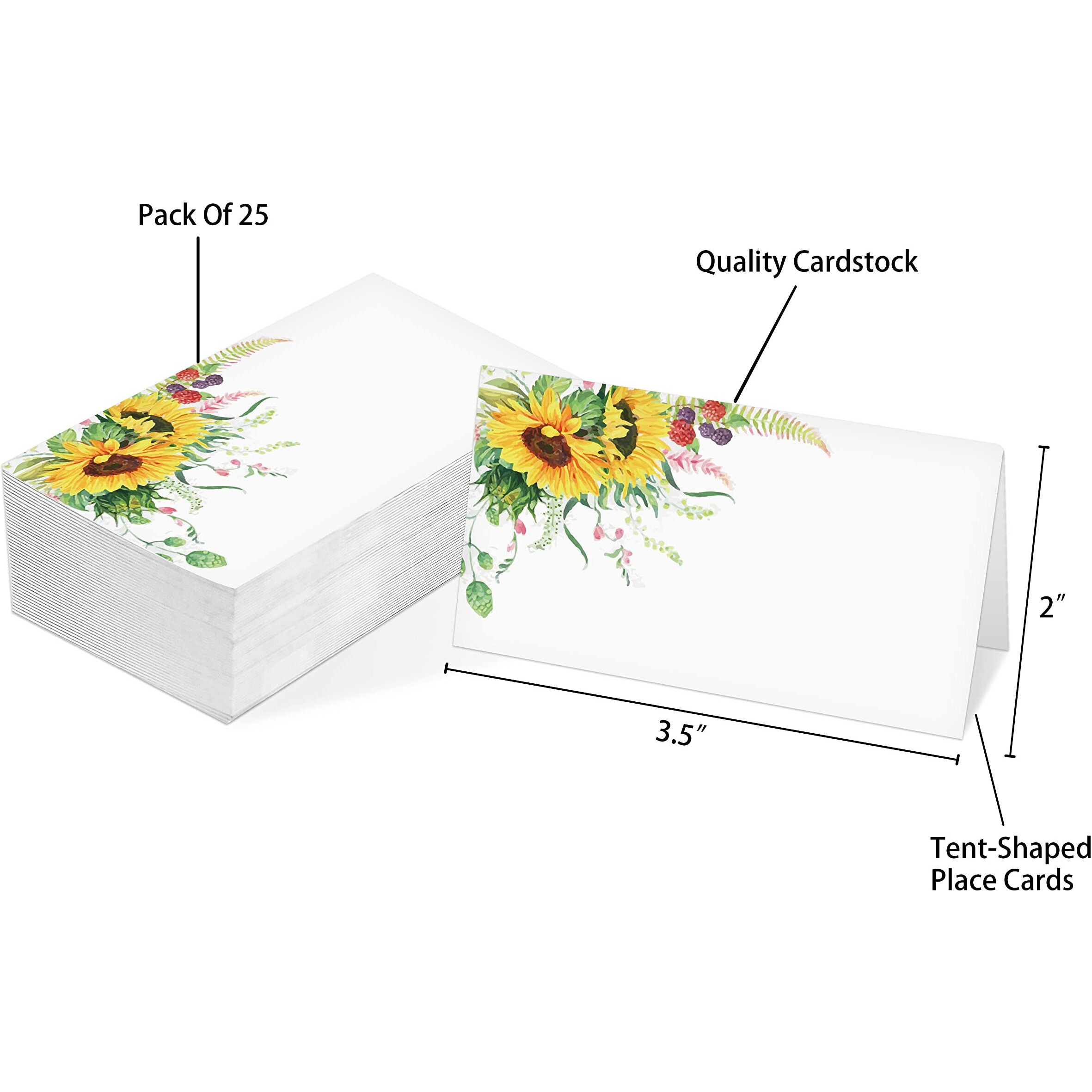 Table Place Card  Sunflower Themed Tent Style Cards  Pack Of 25 Half-Fold Reception Place Card  Perfect For Sunflower Party  Wedding  Bridal & Baby Shower  Birthday  Banquet And Special Events A21