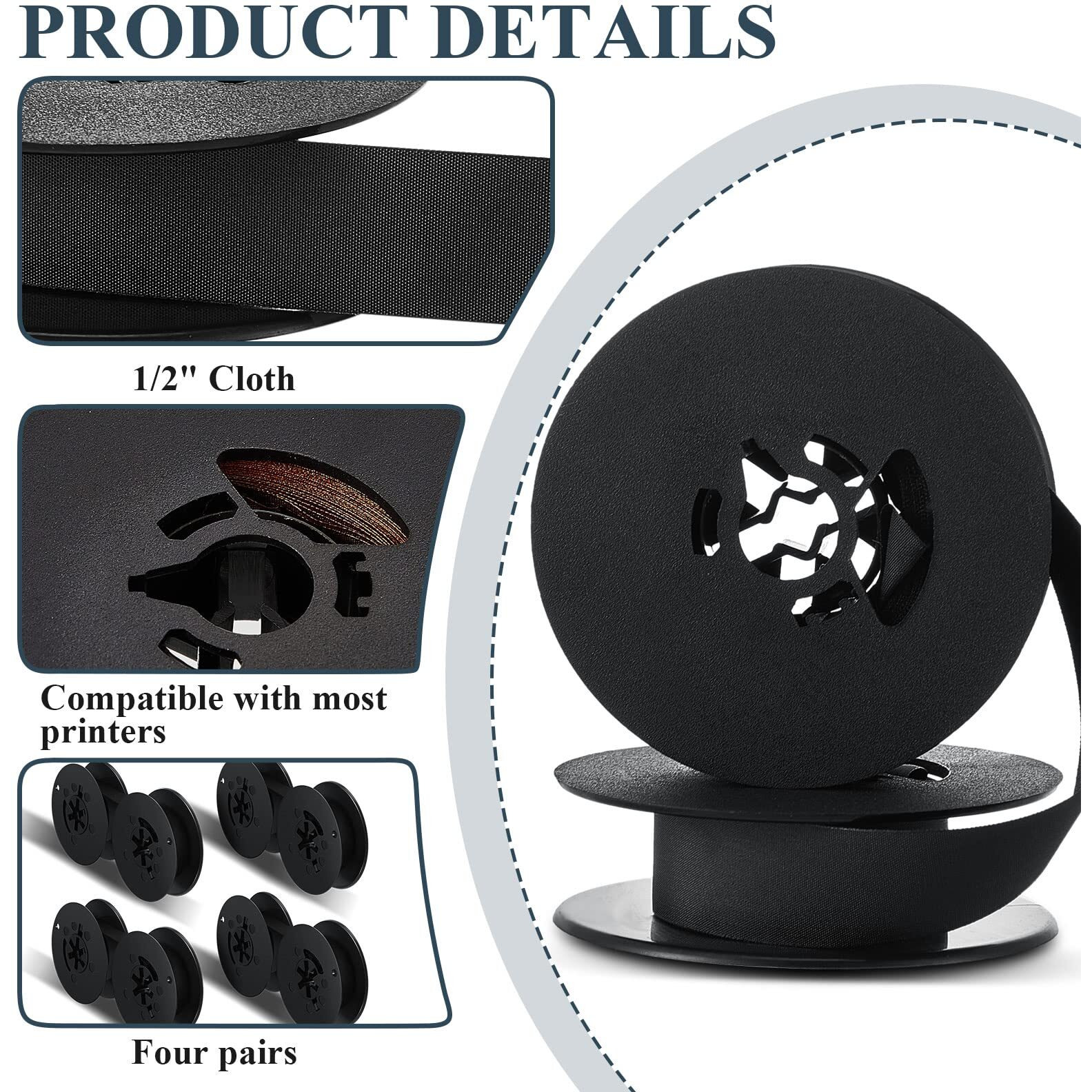 Seajan 4 Pairs Universal Dual Shaft Typewriter Ribbon Vintage Typewriter Ribbon  1/2 Cloth For Most Machines(Black)