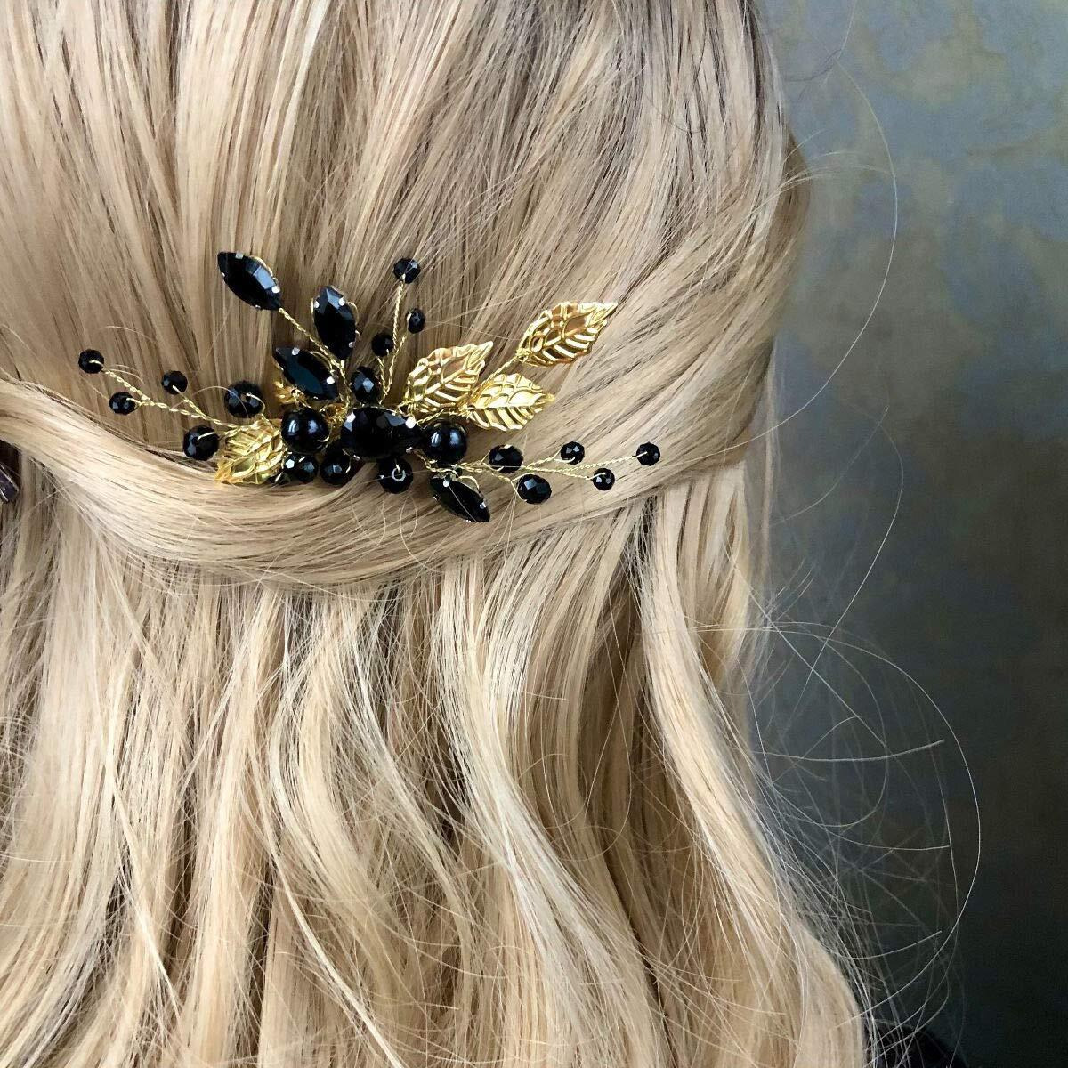 Jwicos Beaded Crystal Bridal Hair Comb With Hair Accessories For Brides And Bridesmaids (Gold Black)