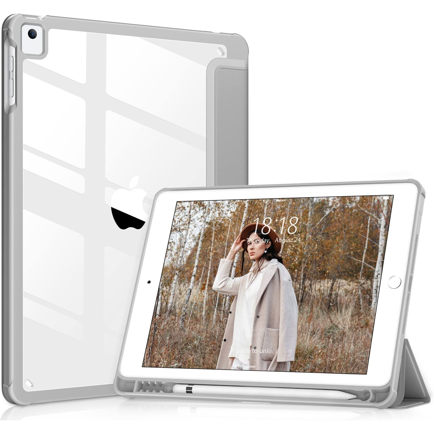 Vikesi For Ipad 6Th / 5Th Generation 9.7 Inch Case (2018/2017)  Ipad Air 2 & 1 (2014/2013) Case  Clear Back  Smart Cover [Built-In Pencil Holder  Auto Sleep/Wake] - Gray