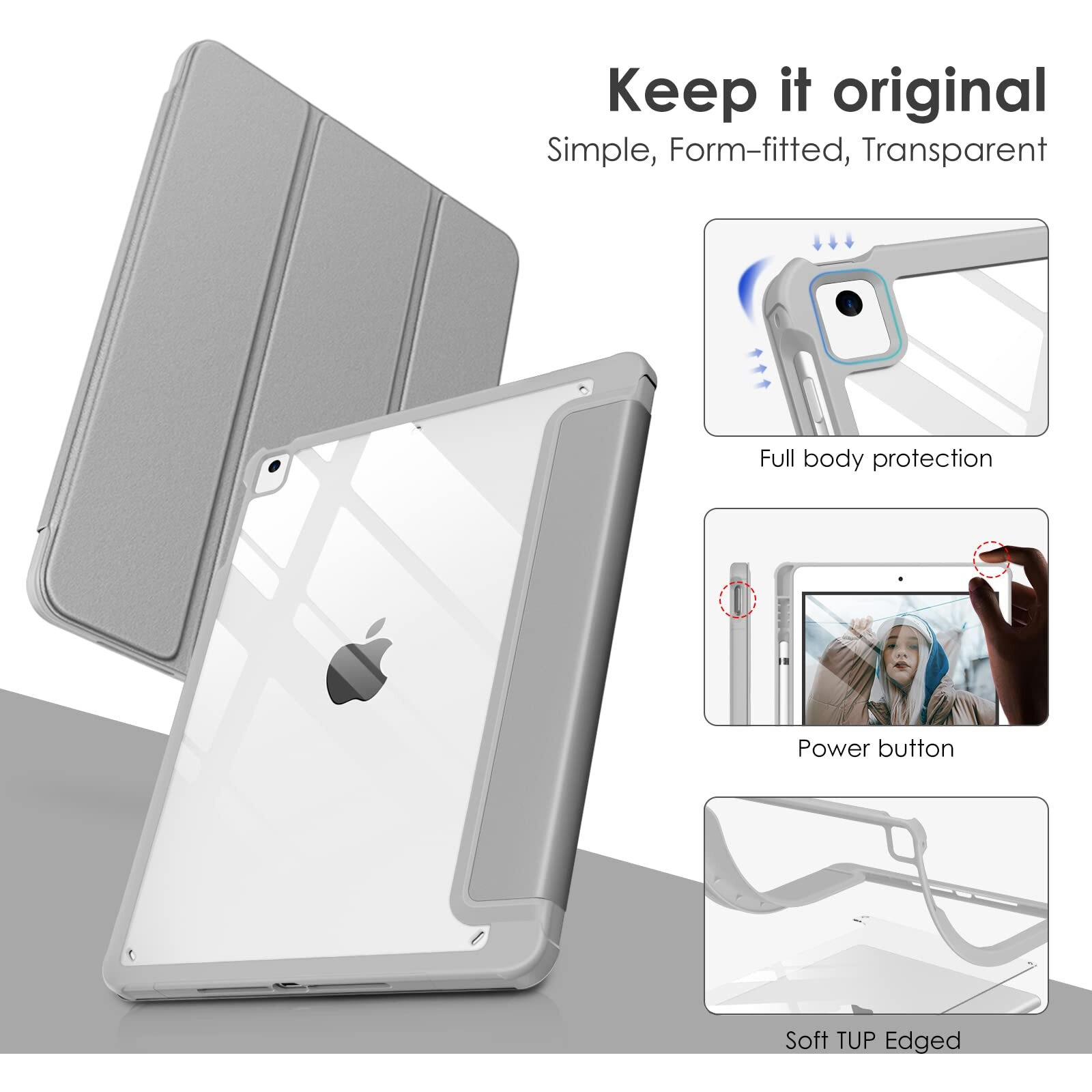 Vikesi For Ipad 6Th / 5Th Generation 9.7 Inch Case (2018/2017)  Ipad Air 2 & 1 (2014/2013) Case  Clear Back  Smart Cover [Built-In Pencil Holder  Auto Sleep/Wake] - Gray