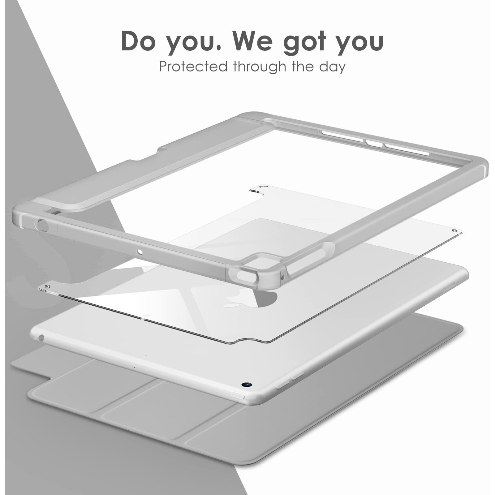 Vikesi For Ipad 6Th / 5Th Generation 9.7 Inch Case (2018/2017)  Ipad Air 2 & 1 (2014/2013) Case  Clear Back  Smart Cover [Built-In Pencil Holder  Auto Sleep/Wake] - Gray