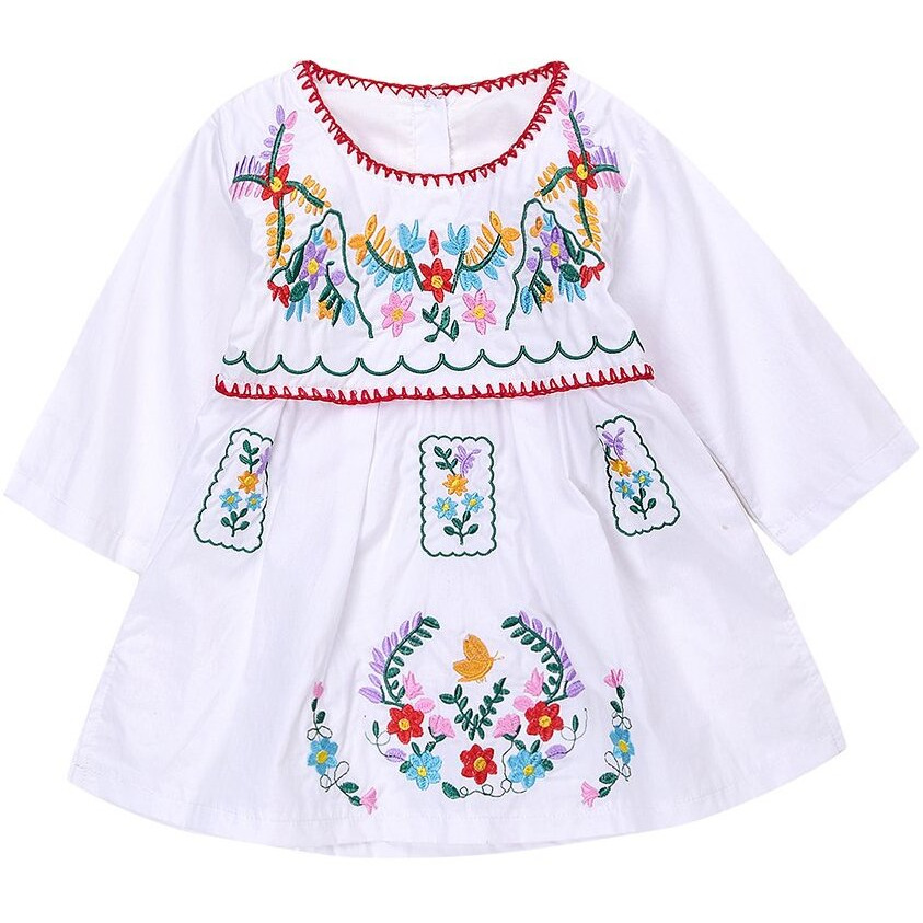 Kashoer Newborn Toddler Baby Girls Ethnic Embroidery Floral Dress Long Sleeve Party Sundress Skirt (12-18Months  White)