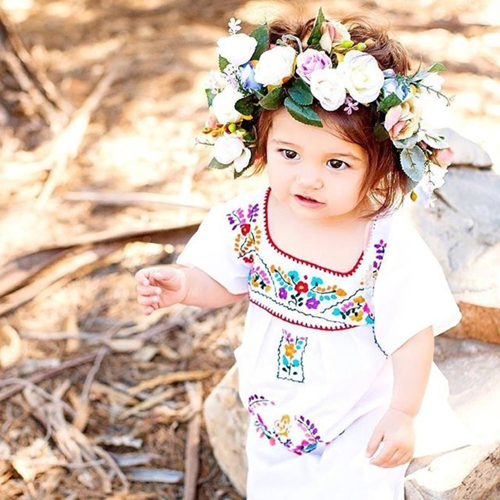 Kashoer Newborn Toddler Baby Girls Ethnic Embroidery Floral Dress Long Sleeve Party Sundress Skirt (12-18Months  White)