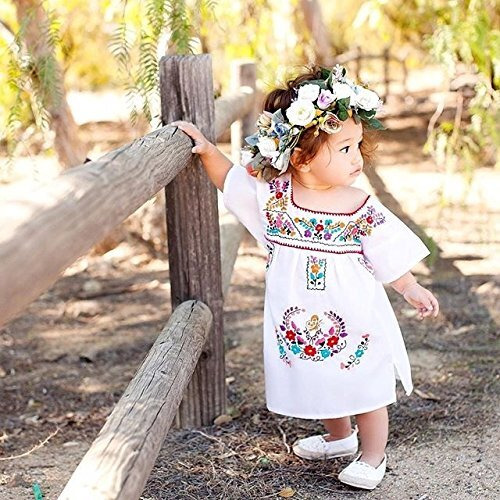 Kashoer Newborn Toddler Baby Girls Ethnic Embroidery Floral Dress Long Sleeve Party Sundress Skirt (12-18Months  White)