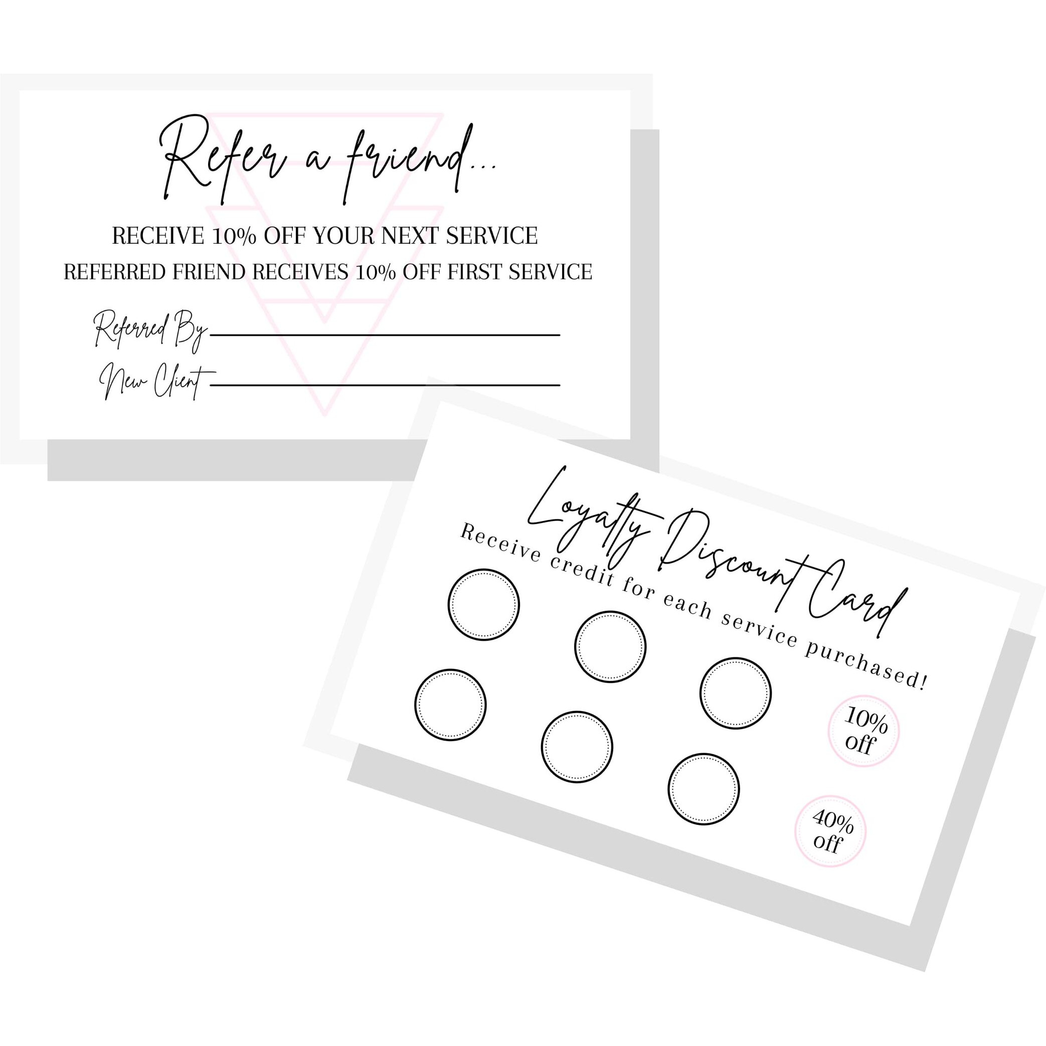 Referral & Loyalty Discount Card | 50 Pack | 3.5 X 2"" Inches Business Card Size | Business Referrals | Loyalty Punch Cards | Black And White Minimalist Design With Soft Pink Accent 10% 50% Discount
