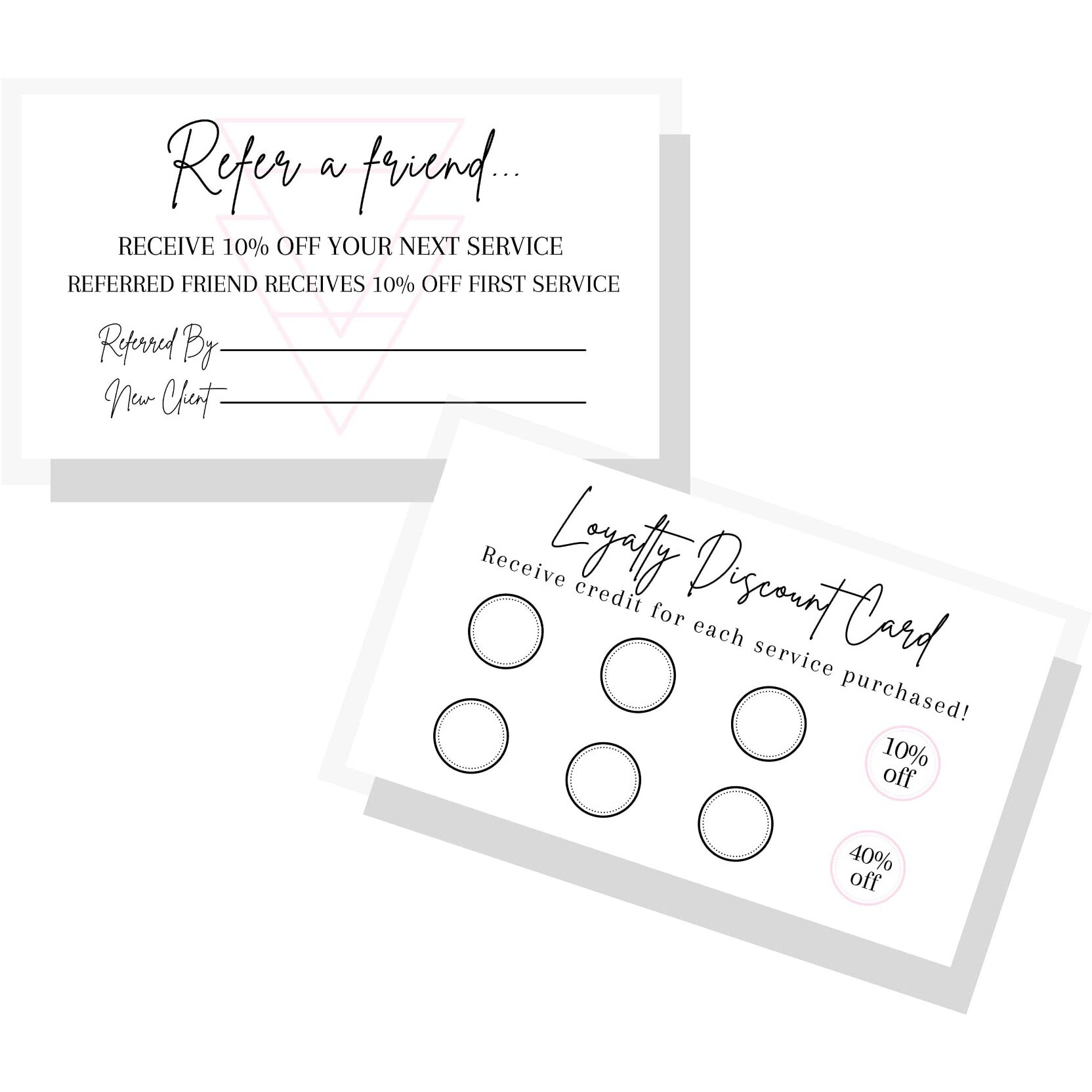 Referral & Loyalty Discount Card | 50 Pack | 3.5 X 2"" Inches Business Card Size | Business Referrals | Loyalty Punch Cards | Black And White Minimalist Design With Soft Pink Accent 10% 50% Discount
