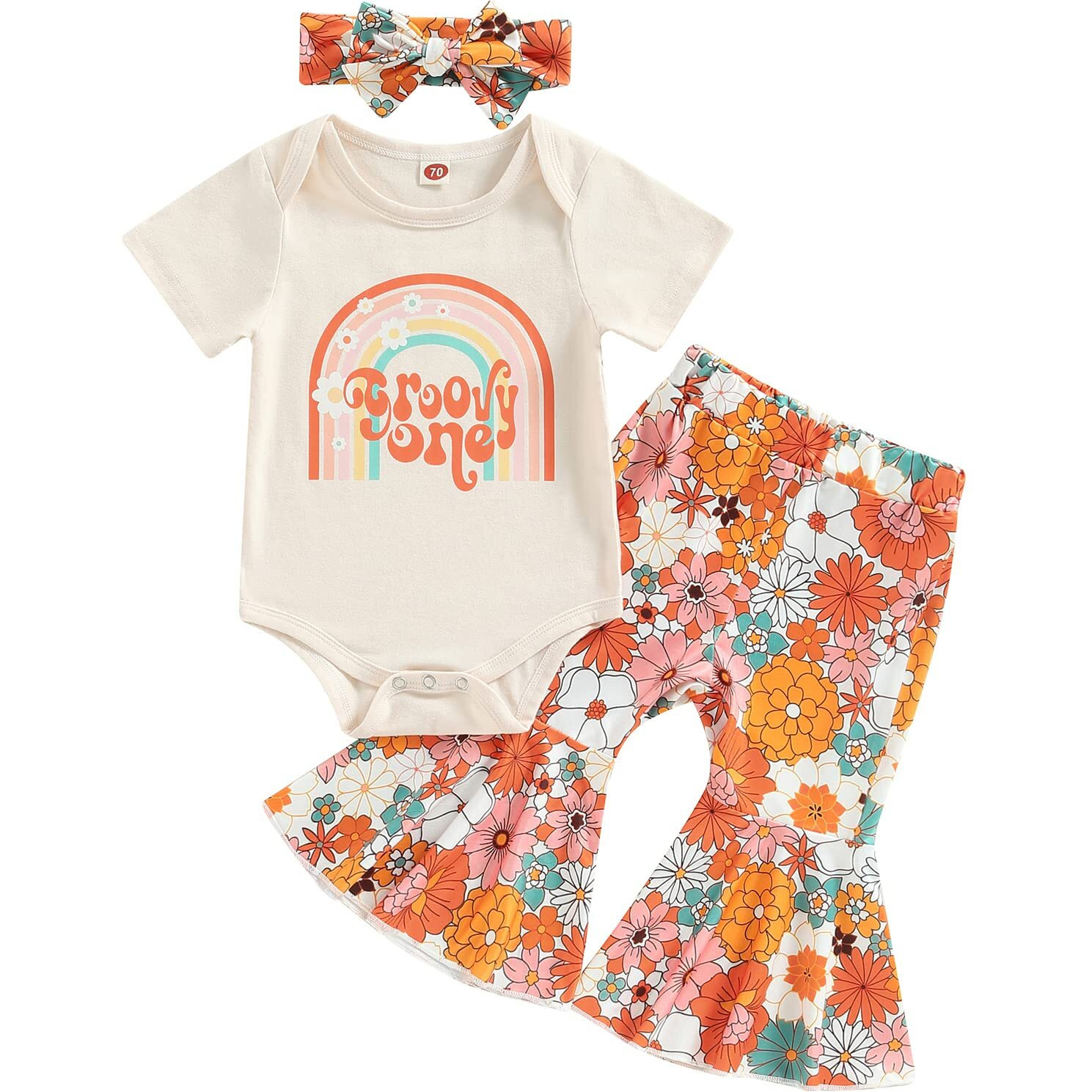 Lamuusaa Toddler Baby Girl Birthday Outfit Groovy One/Two Groovy Romper Shirts Flower Bell Bottoms Headband Boho Clothes