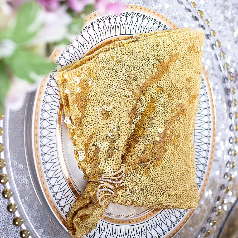 Eternal Beauty Gold Sequin Cloth Napkins 12"&quotX12""- Pack 12 For Parties  Wedding Birthday Dinner Decoration