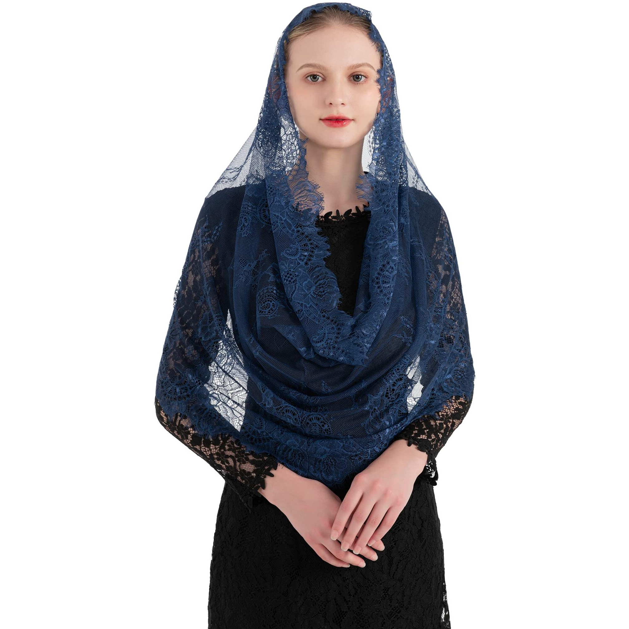 Pamor Spanish Style Lace Traditional Vintage Inspired Infinity Shape Mantilla Veil Latin Mass Head Covering (Navy Blue)