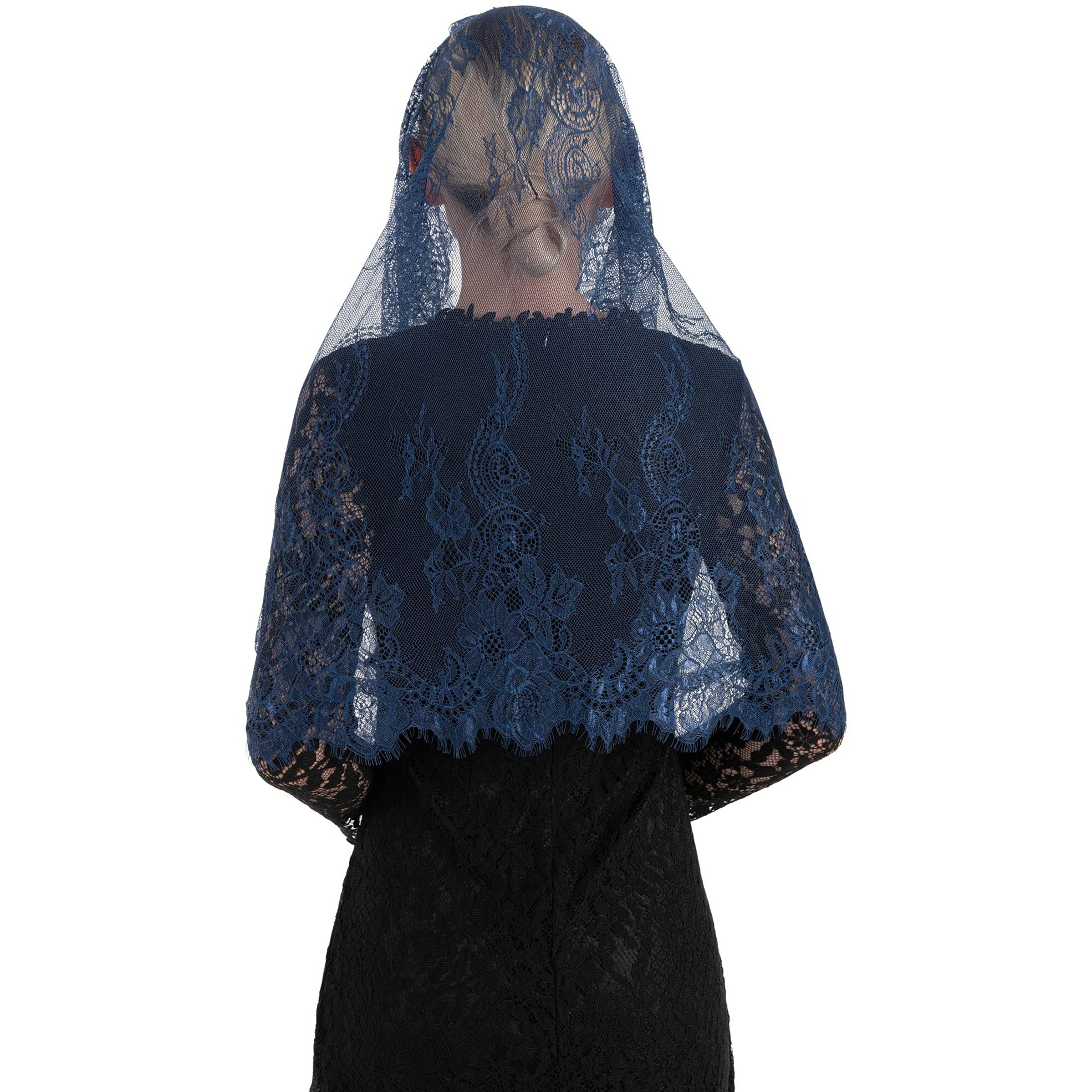 Pamor Spanish Style Lace Traditional Vintage Inspired Infinity Shape Mantilla Veil Latin Mass Head Covering (Navy Blue)