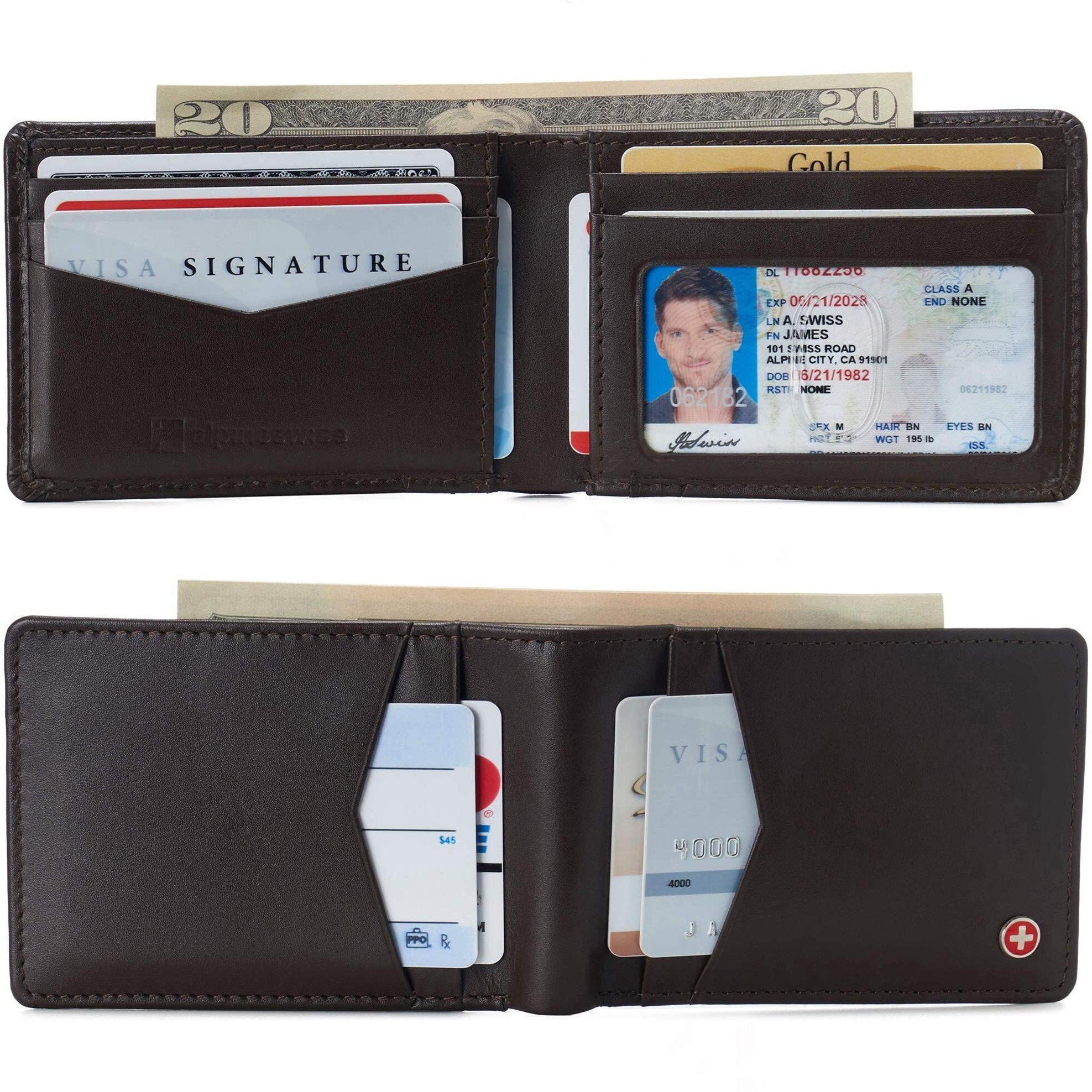 Alpine Swiss Mens Delaney Slimfold Rfid Safe Slim Bifold Wallet Smooth Leather Comes In Gift Box Brown