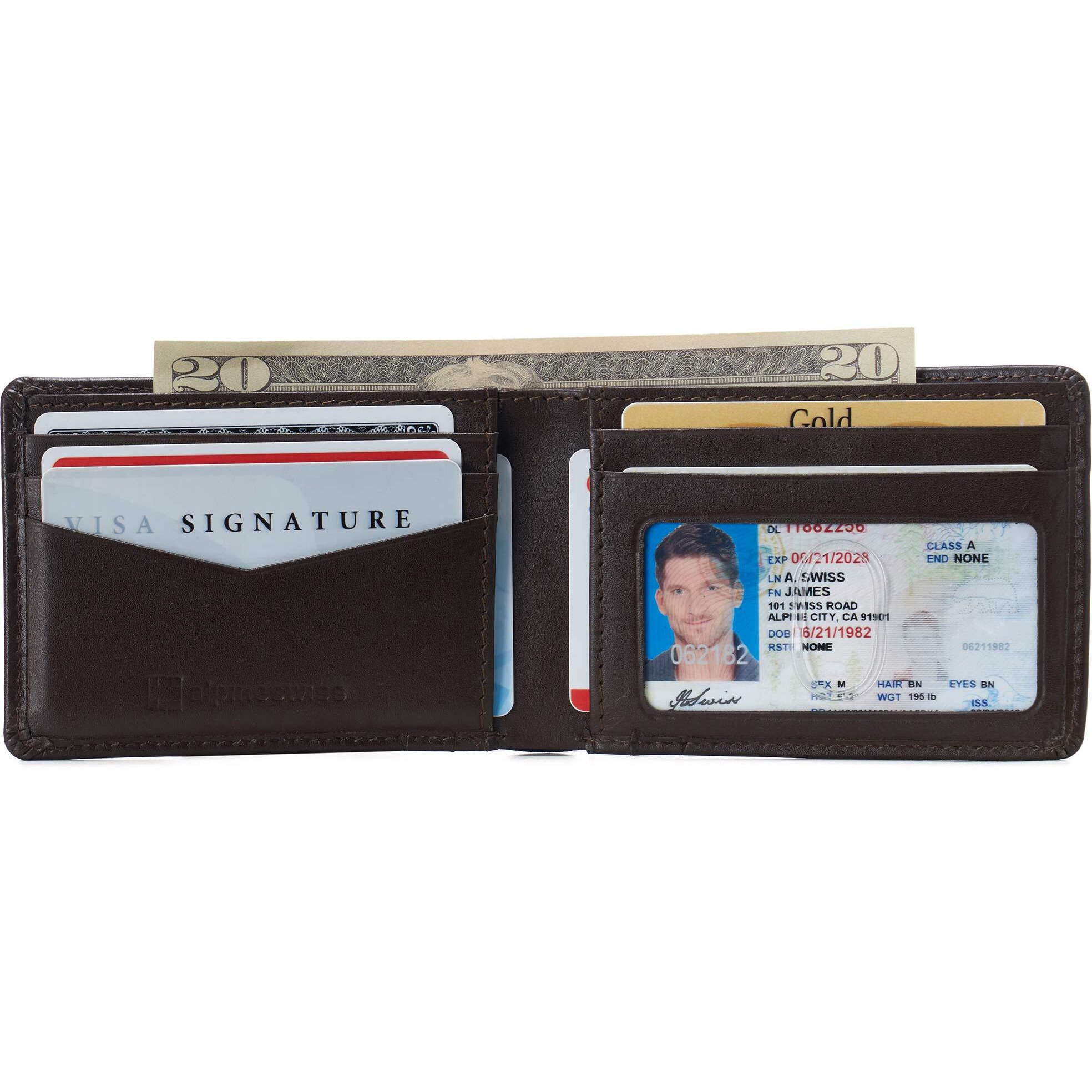 Alpine Swiss Mens Delaney Slimfold Rfid Safe Slim Bifold Wallet Smooth Leather Comes In Gift Box Brown