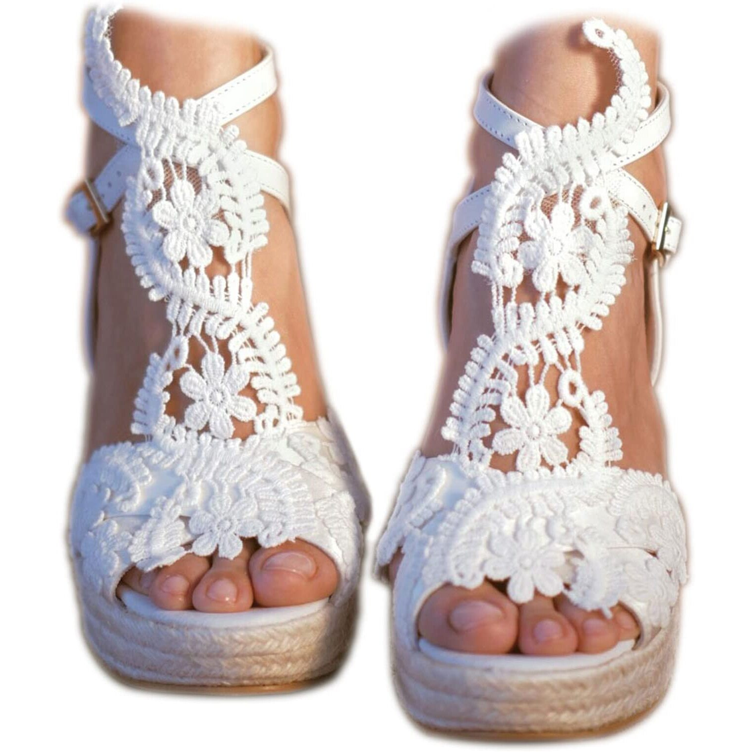 Milanolce Women's Platform Sandals Wedge Open Toe Ankle Strap Lace Wedding Shoes Bridesmaid Shoes White Size-6.5