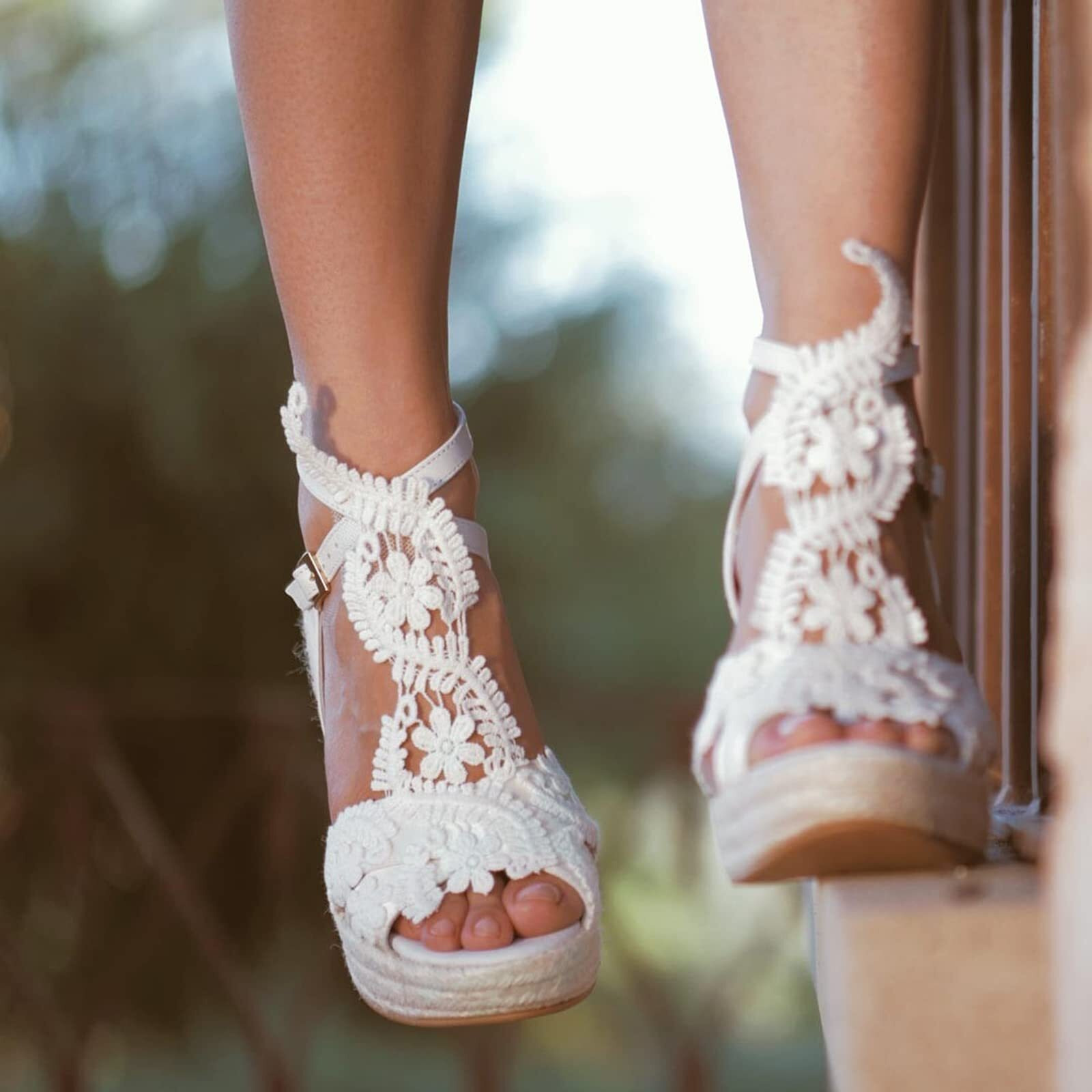 Milanolce Women's Platform Sandals Wedge Open Toe Ankle Strap Lace Wedding Shoes Bridesmaid Shoes White Size-6.5