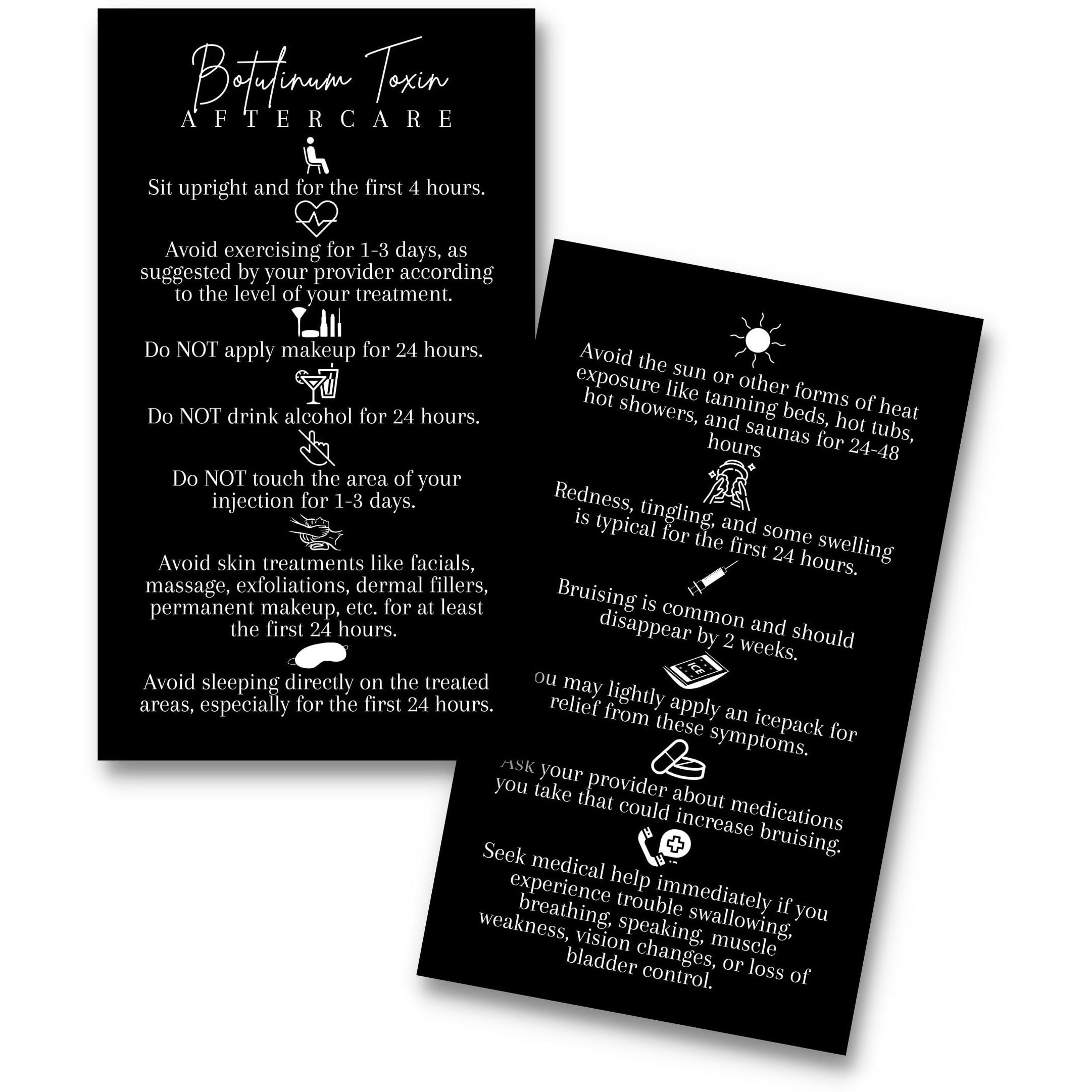 Botulinum Toxin Aftercare Card | 50 Pack | Physical Printed 2X3.5  Inches Business Card Size | Anti-Wrinkle Injection Supplies | Black And White Design