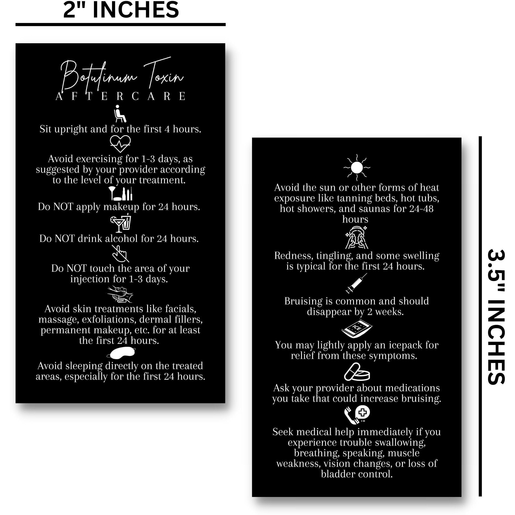 Botulinum Toxin Aftercare Card | 50 Pack | Physical Printed 2X3.5  Inches Business Card Size | Anti-Wrinkle Injection Supplies | Black And White Design