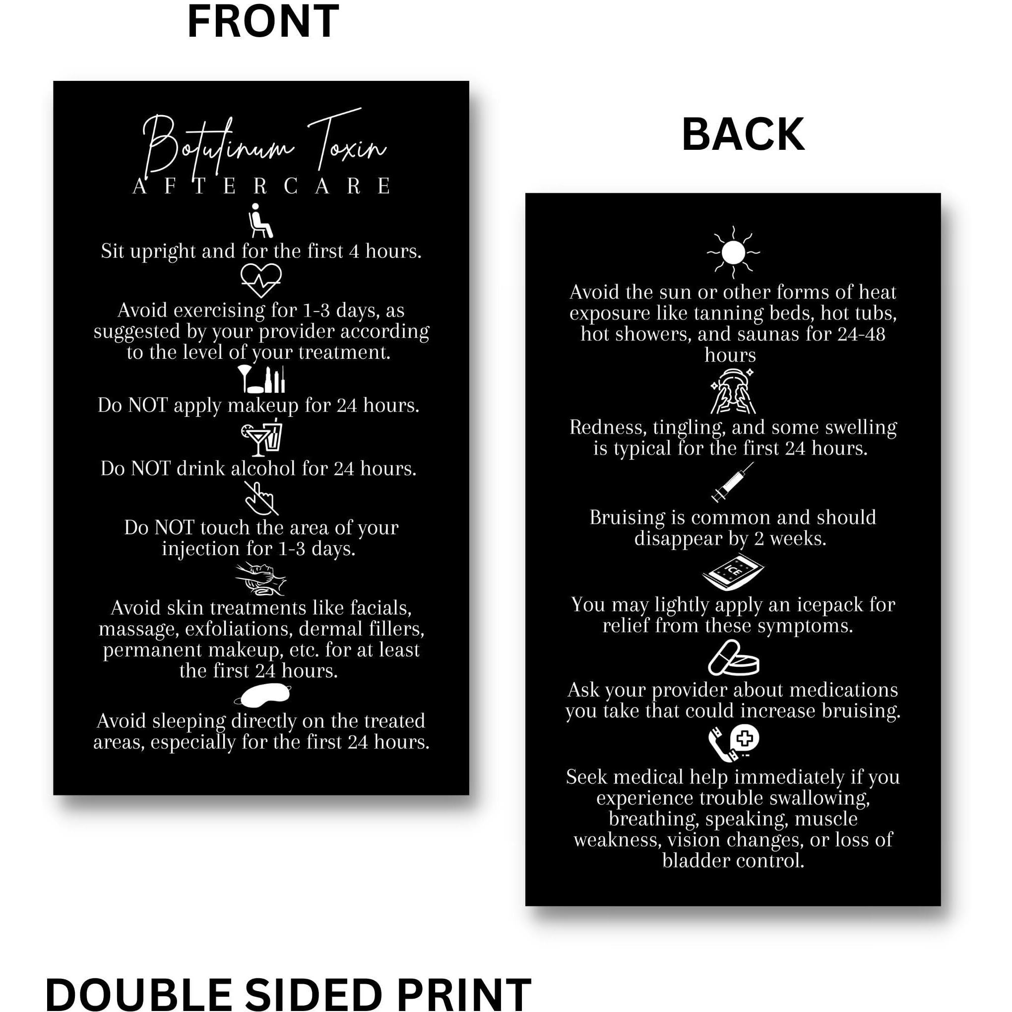 Botulinum Toxin Aftercare Card | 50 Pack | Physical Printed 2X3.5  Inches Business Card Size | Anti-Wrinkle Injection Supplies | Black And White Design