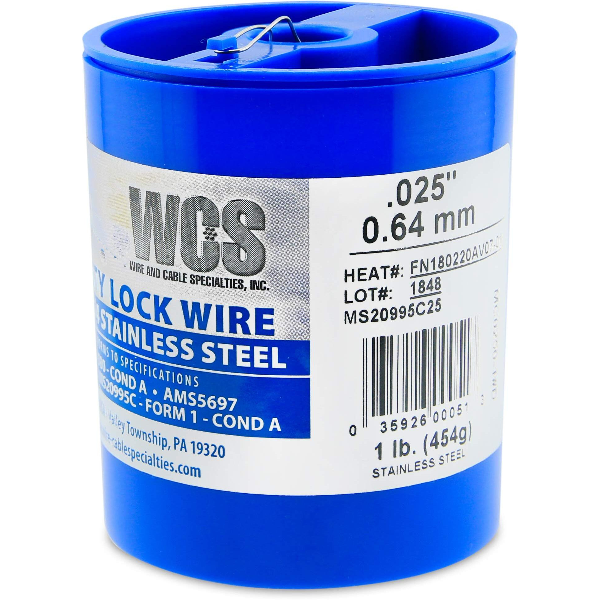 Lock Wire  T302/304 Stainless  Nasm20995  Ms20995C  Astm A580 Cond A  Ams5697  .025 In (0.63 Mm)  1 Lb (0.45 Kg) Dispenser Can  Approx. 595 Ft (181 M)