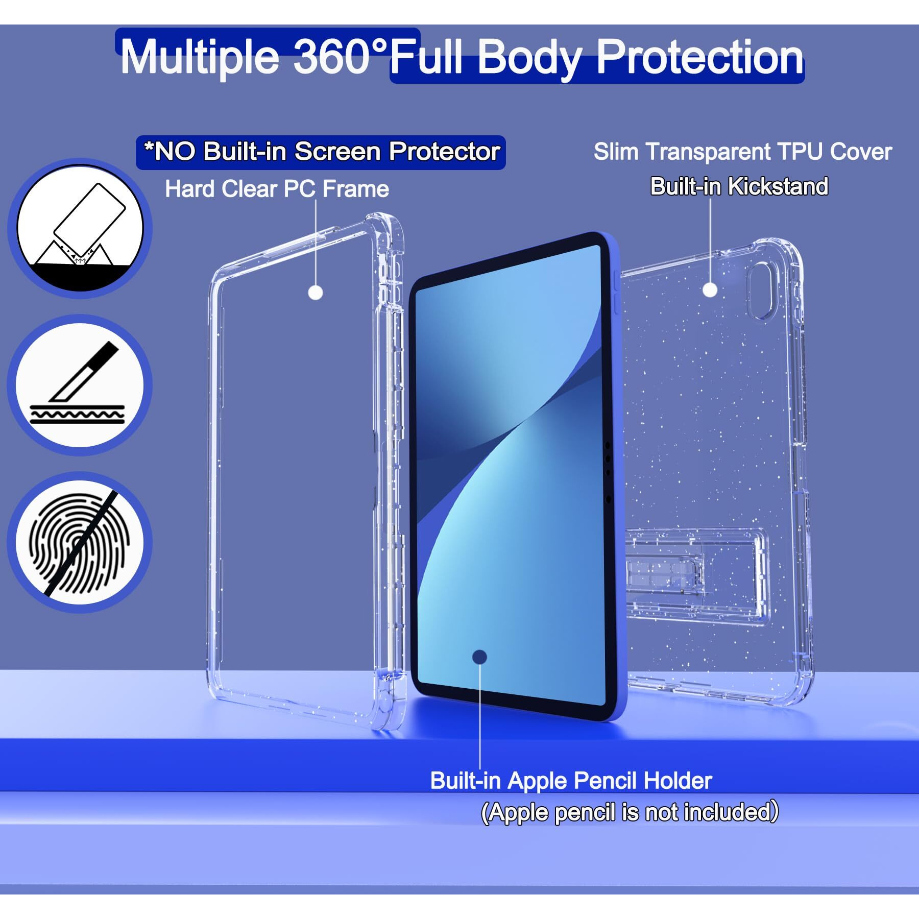 Rantice Ipad 10Th Generation Case  Pencil Holder & Kickstand - Slim  Glittery And Shockproof Bumper For Women And Girls  Clear Glitter