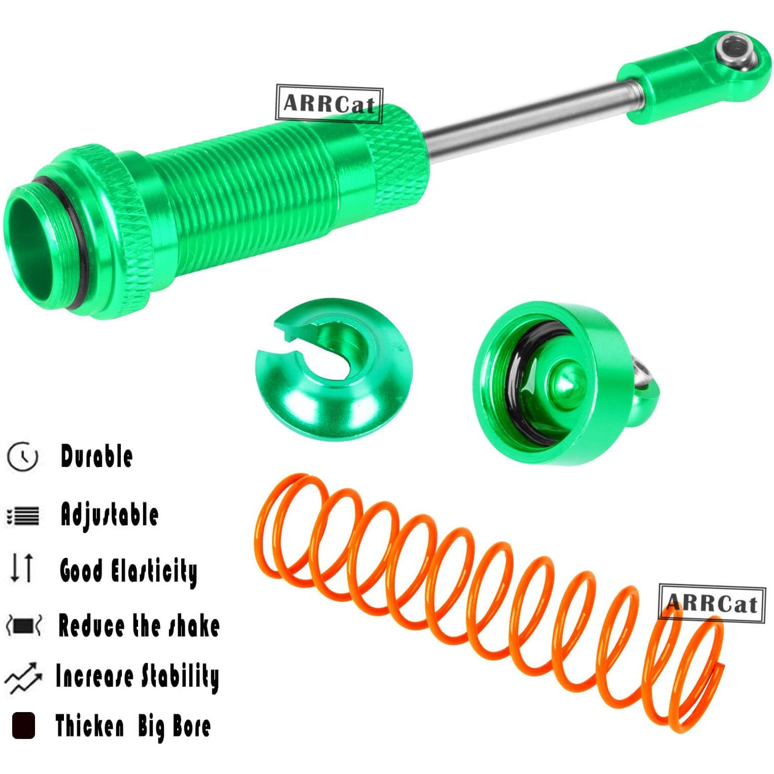 4Pcs All Aluminum Front Rear Rc Shocks Upgrade Parts For 1/10 Slash 4X4 Rustler 4X4 Stampede 4X4 Hoss 4X4  Arrcat Big Bore Rc Shock Absorber Hops Up Replace 5862 Green