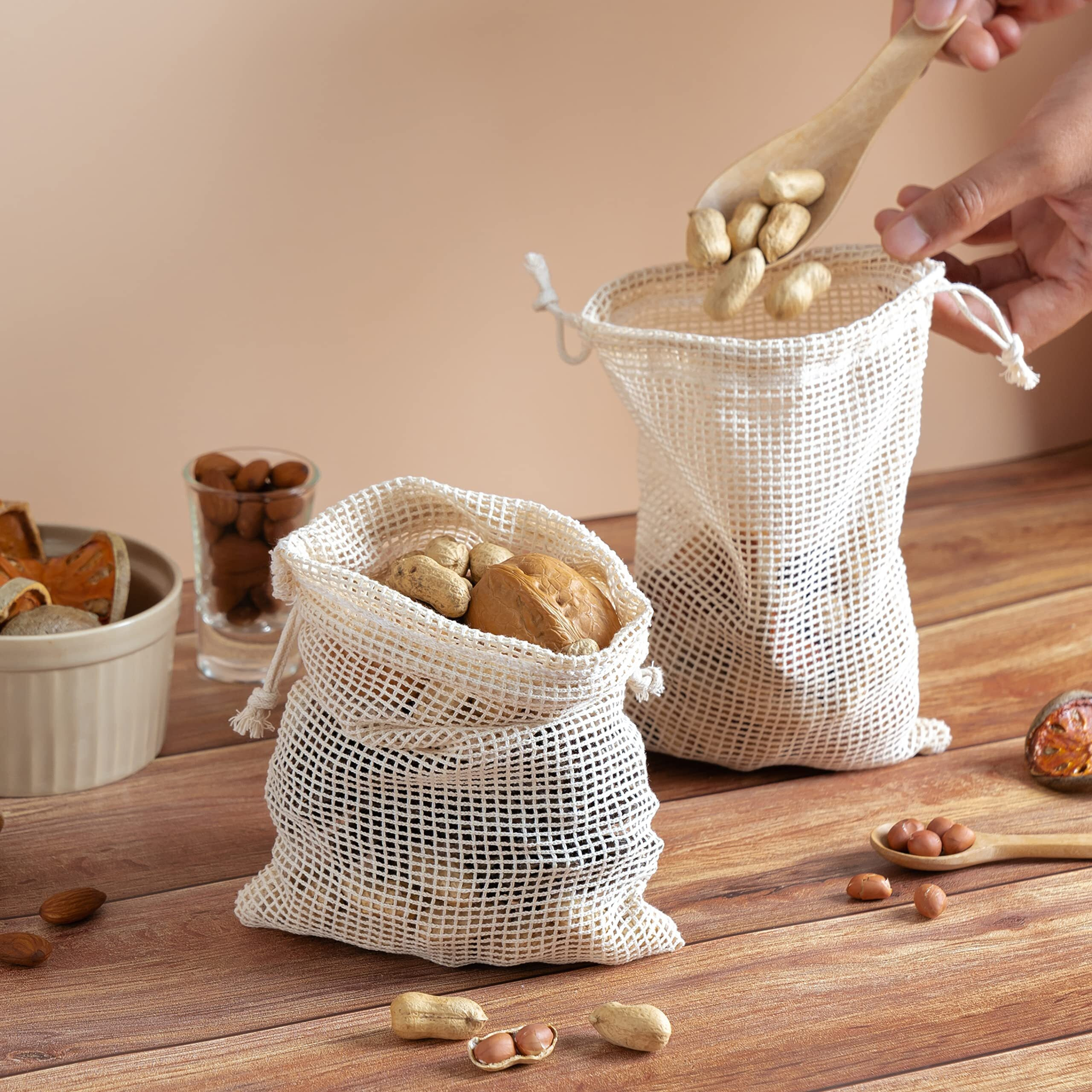 Palterwear 100 Percent Natural Cotton Double Drawstring Mesh Bag For Herbs  Nuts  Spices (5 X 7 Inch - Set Of 5)