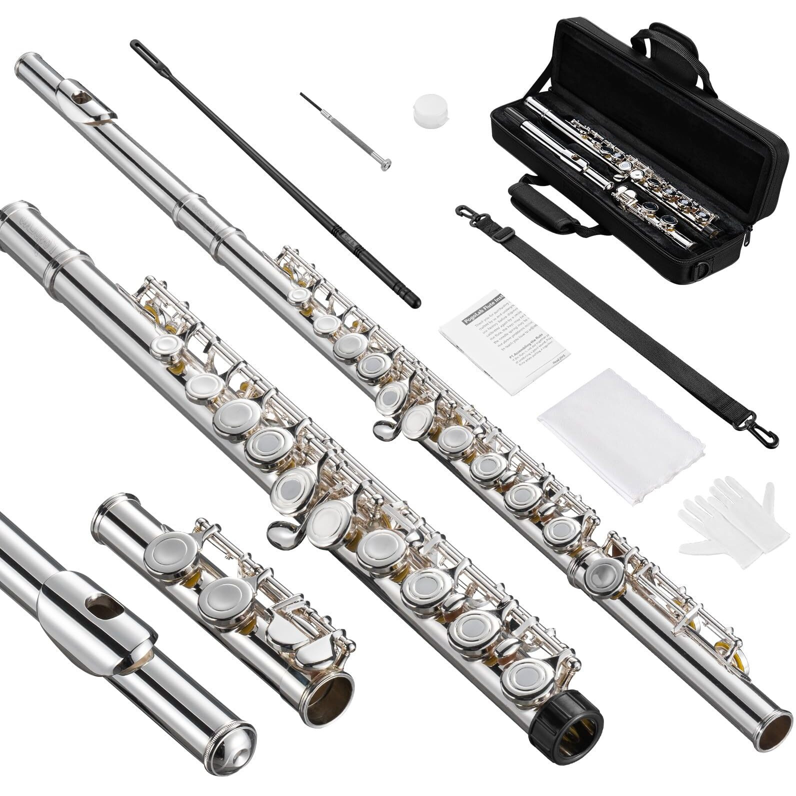 Pogolab Open Hole C Flute  16 Keys Student Flute Instrument For Beginner Advanced Player  With Carry Bag  Strap  Gloves  Adjustment Screwdriver  Cleaning Kit (Open/Closed Hole  Silver Plated)