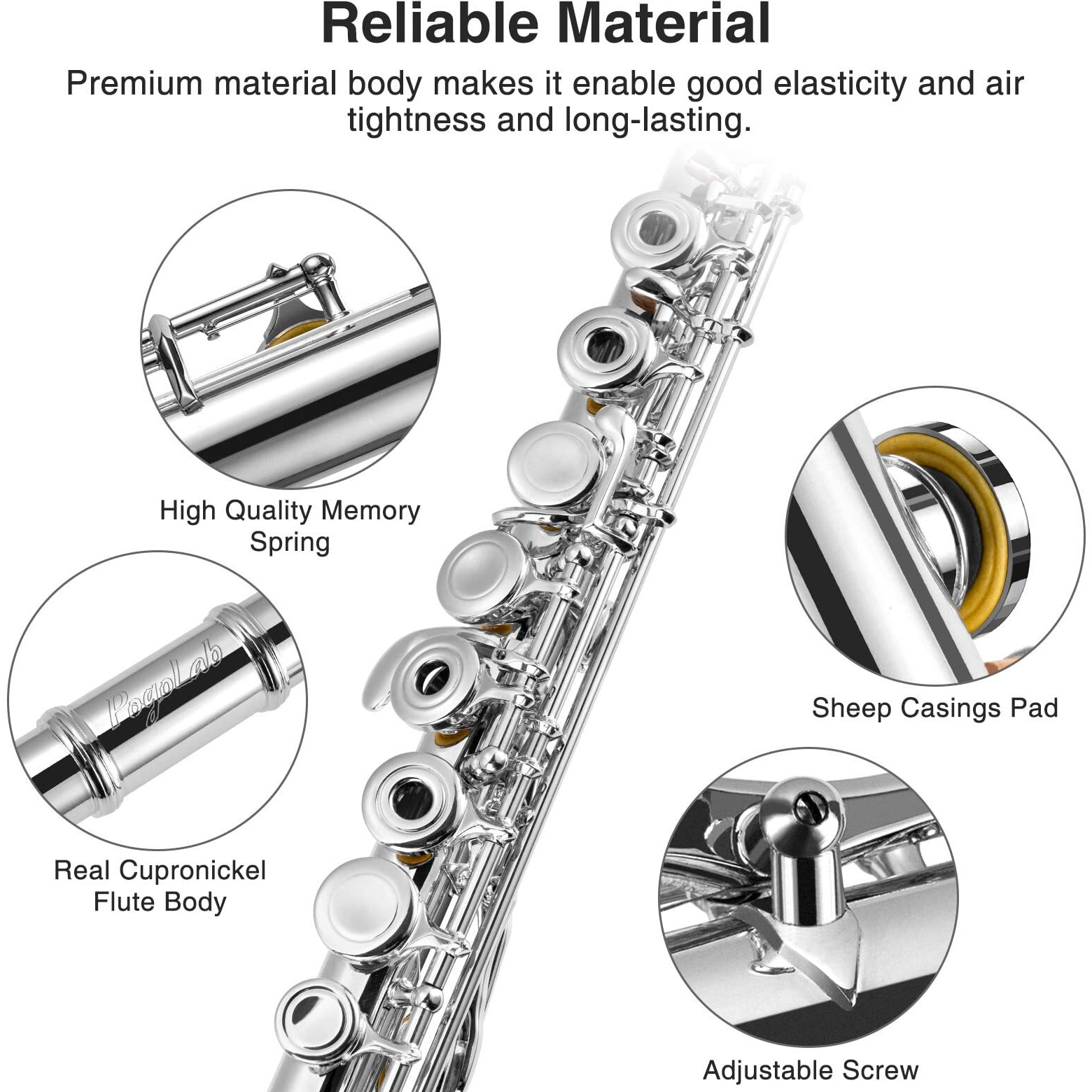 Pogolab Open Hole C Flute  16 Keys Student Flute Instrument For Beginner Advanced Player  With Carry Bag  Strap  Gloves  Adjustment Screwdriver  Cleaning Kit (Open/Closed Hole  Silver Plated)