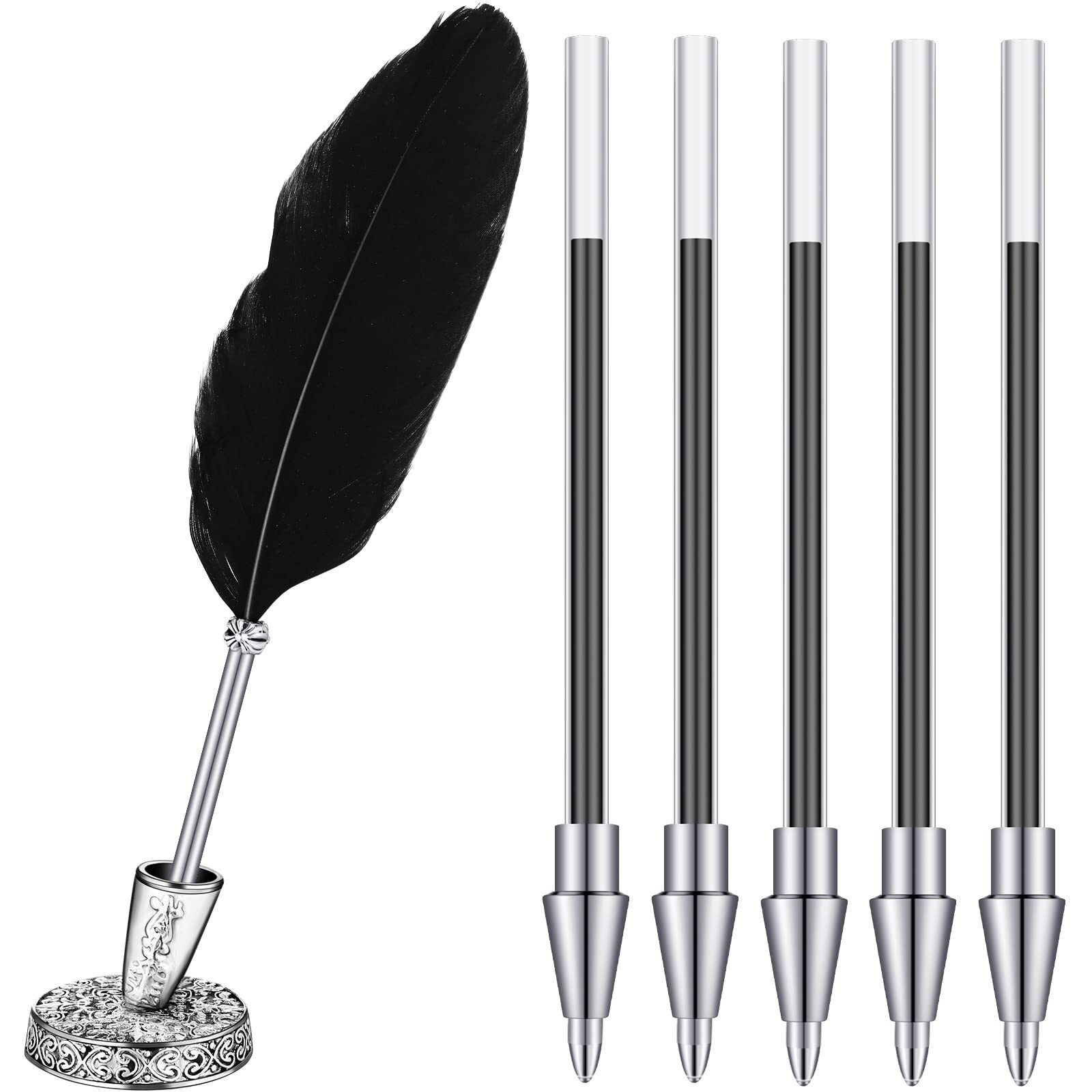 Gersoniel Feather Ballpoint Pen With Vintage Pen Holder  Black Ink  Classic Style  Includes 5 Pieces Refill
