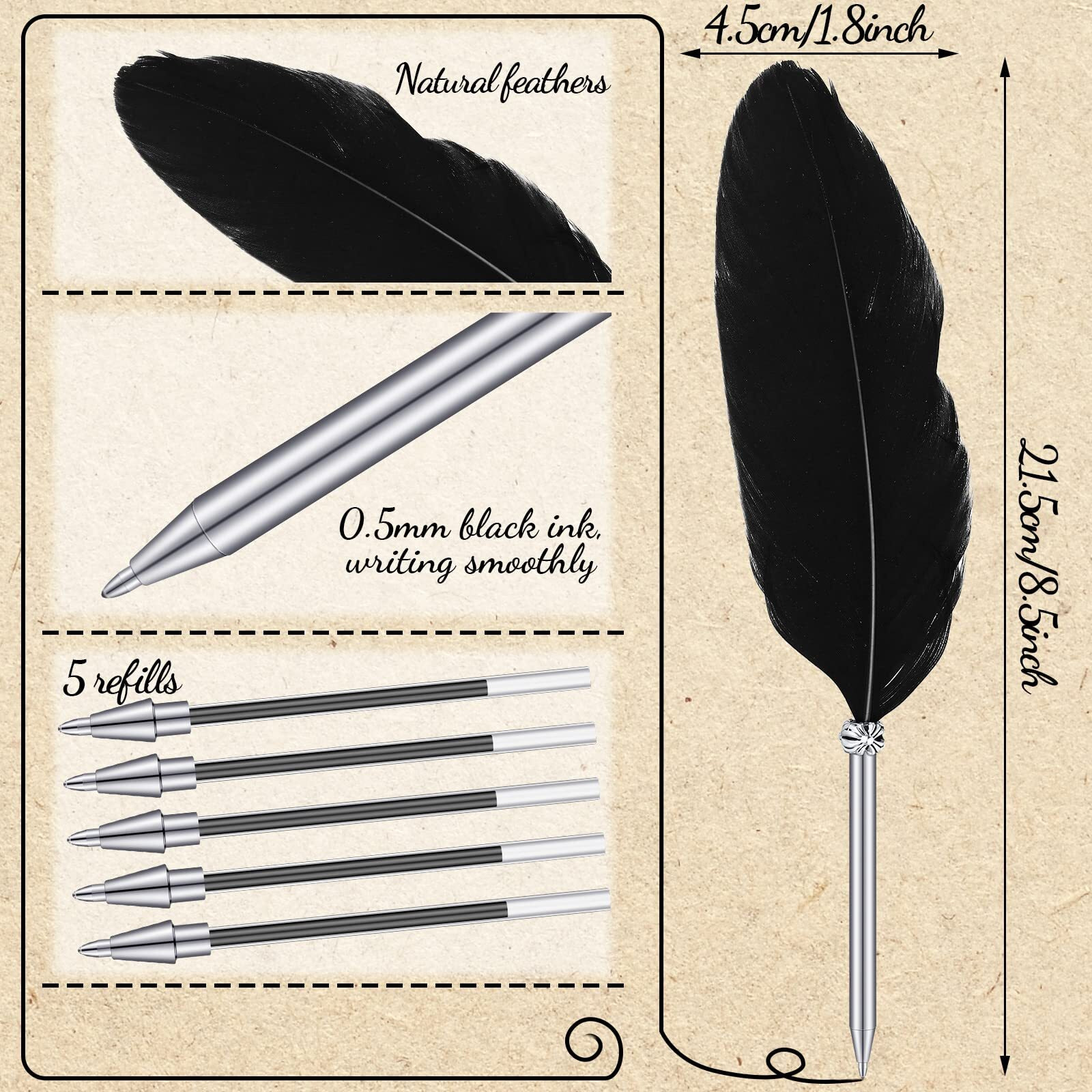 Gersoniel Feather Ballpoint Pen With Vintage Pen Holder  Black Ink  Classic Style  Includes 5 Pieces Refill
