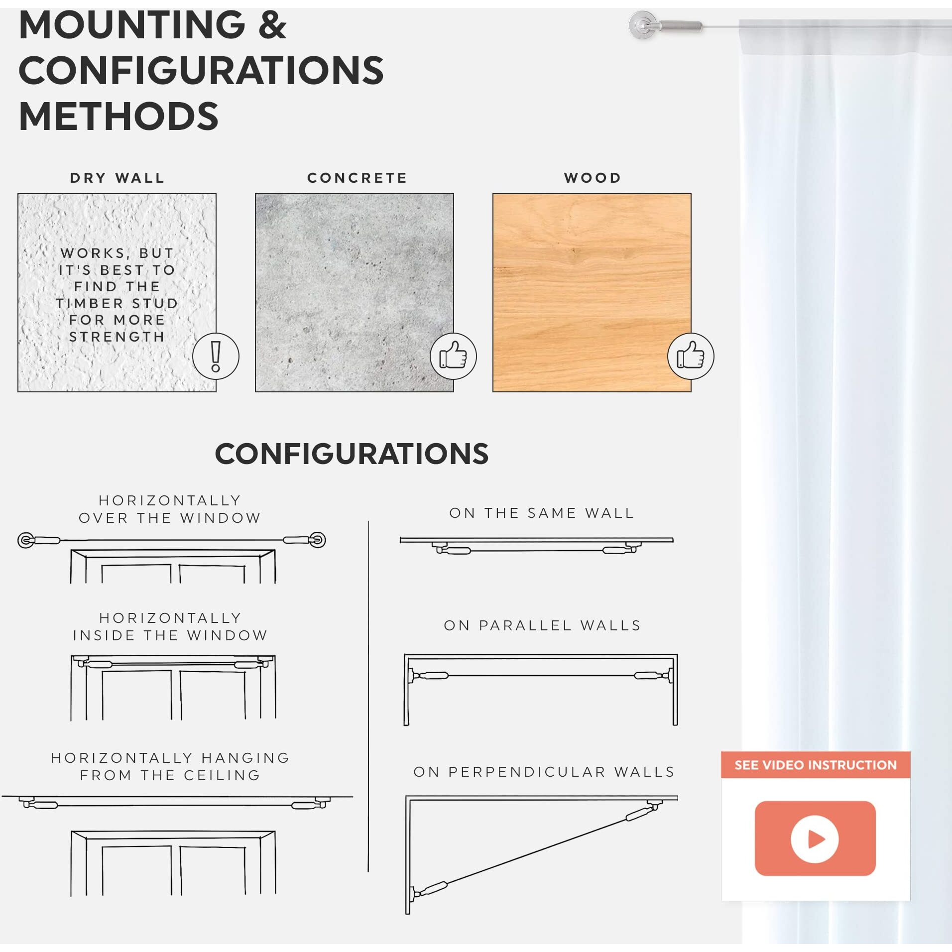 Wire Curtain Hanging System - 16Ft Stainless Steel Room Divider Rod | Willow & Eva