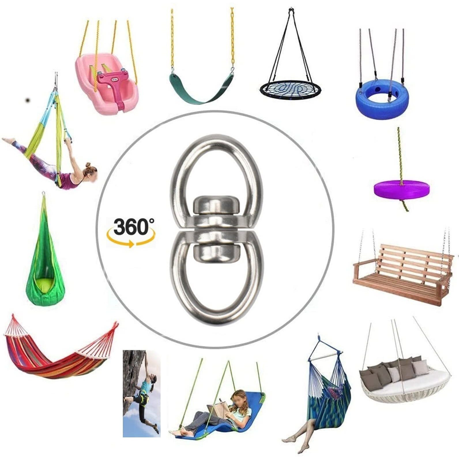 Wwffen Swing Swivel Hanger Breaking Strength 360 Rotator For Tree Swing  Hammock Chair  Climbing Rope  Yoga  Kids Swing Swivel 1500Lb Capacity