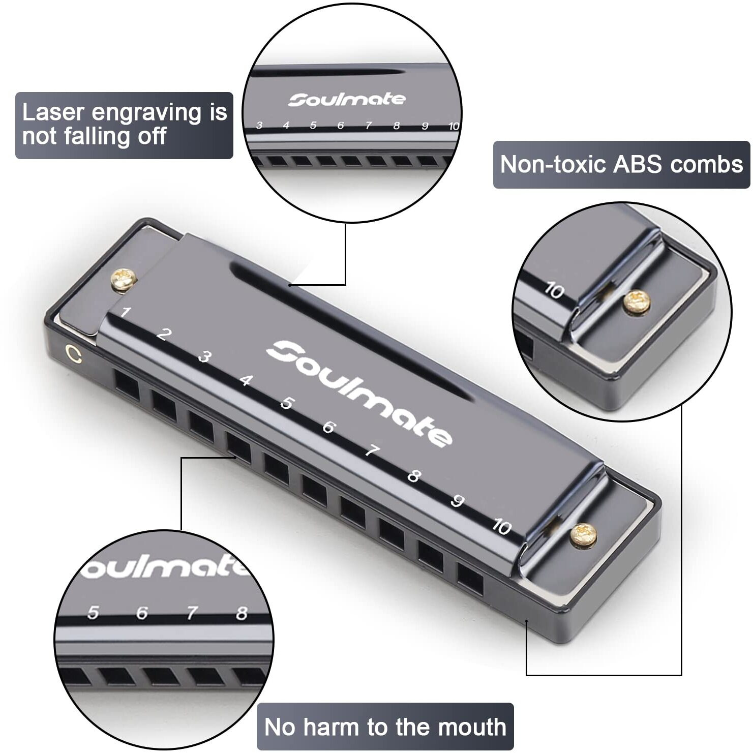 Soulmate Blues Harmonic Mouth Organ 10 Hole 20 Tones C Key With Case Diatonic Harmonica For Beginner  Students  Professional Player  Adult  Friends  Gift Black