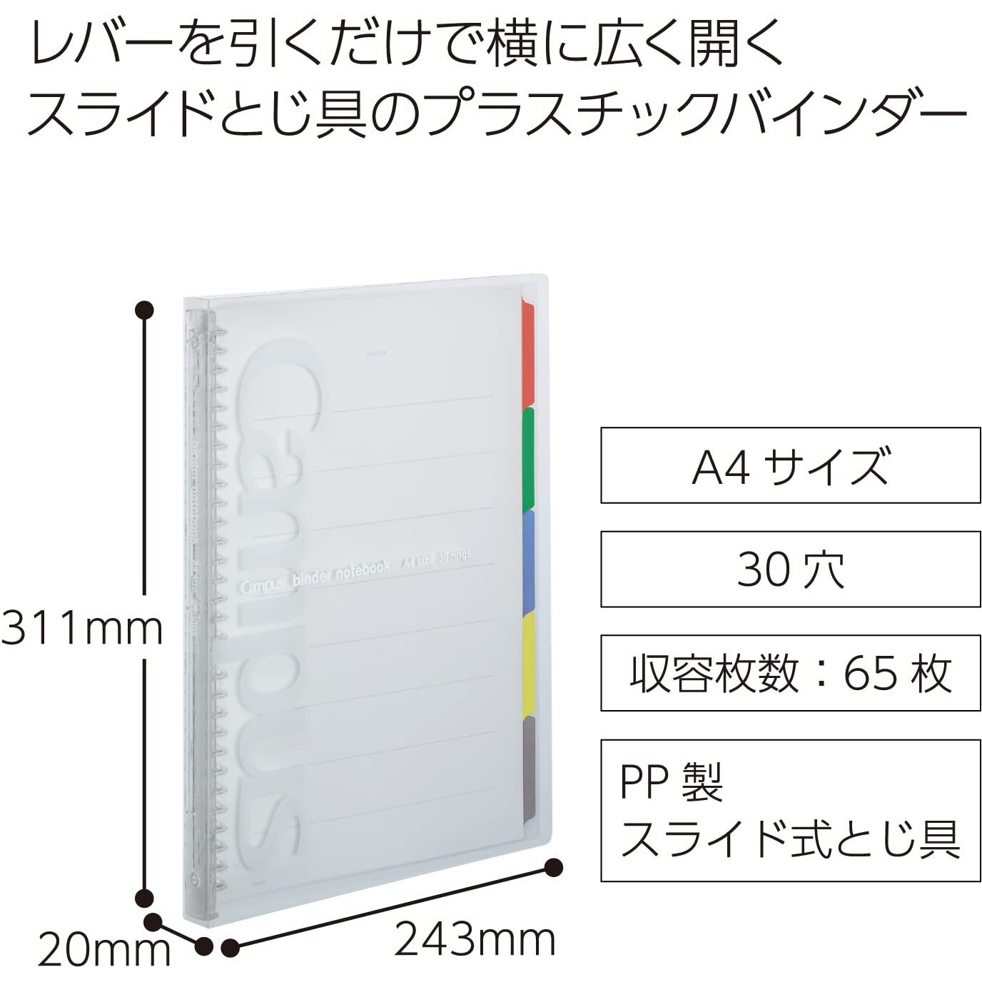 Kokuyo Campus Slide Binder With 5 Tab Dividers  Slim Type  A4  30 Holes  Up To 65 Sheets  Transparent  Japan Import (Ru-P173Nt)