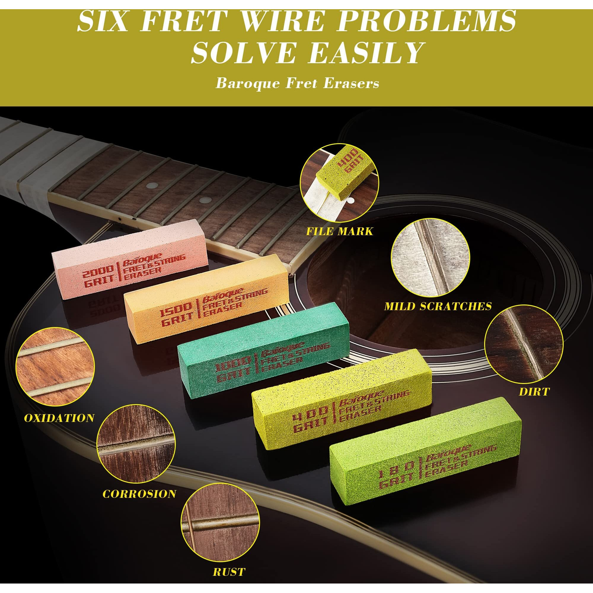 Guitar Fret Erasers  Fret Polishing Abrasive Rubber Blocks  Fret Cleaner Kit  Fret Polish Kit For Fretwire String And Metal  Set Of 5 Grits (180 & 400 & 1000 & 1500 & 2000 Grit)