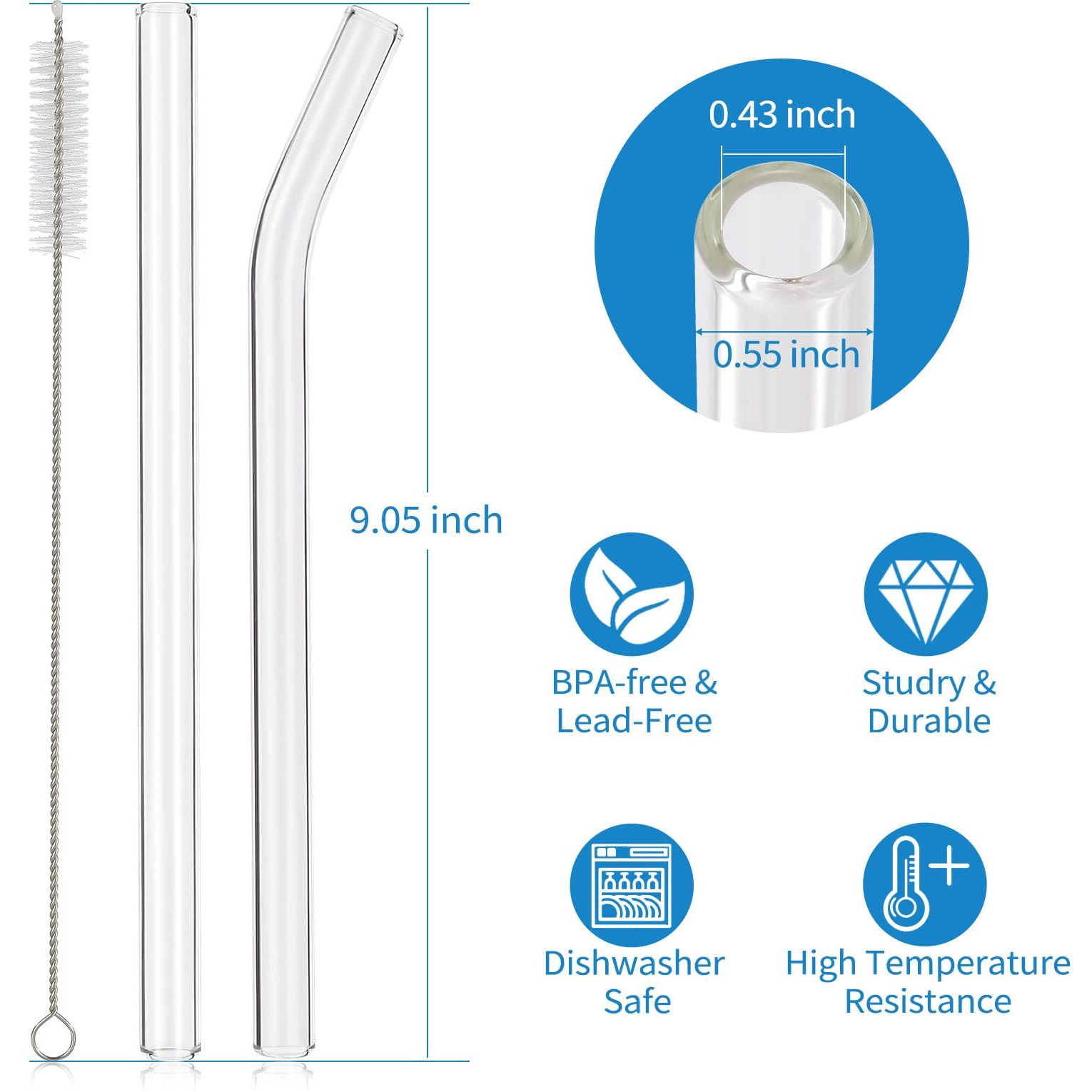 Renyih 10 Pcs Reusable Glass Boba Straws 9''X14 Mm Wide Glass Drinking Straws Jumbo Smoothie Straws For Bubble Tea Milkshakes Set Of 5 Straight And 5 Bent With 2 Cleaning Brushes -Dishwasher Safe