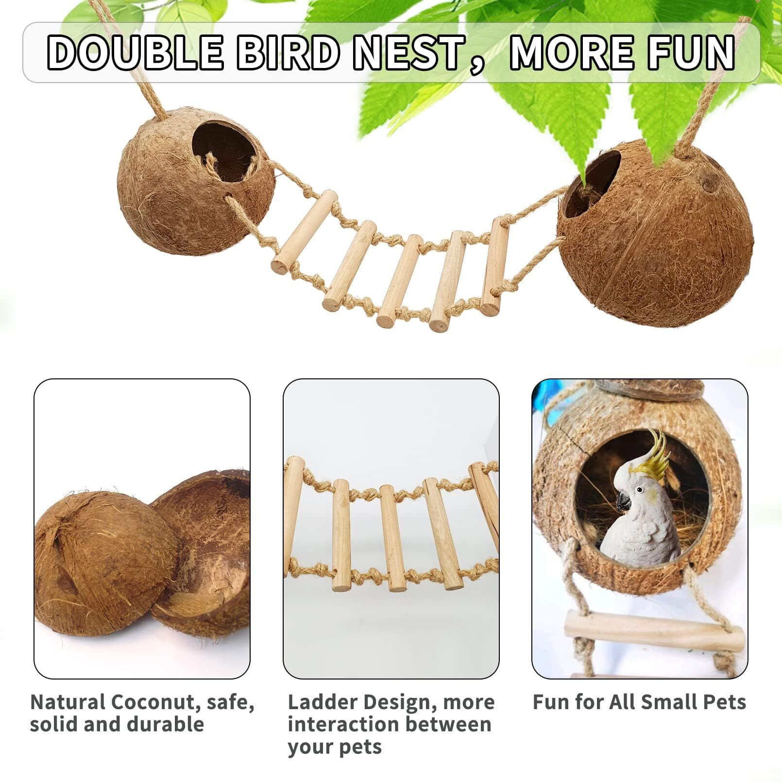 Tfwadmx Natural Coconut Hide With Ladder Perches Hanging Bird House Toy For Cage Parrot Breeding Nest For Gecko Parakeet Lovebird Finch Hamster