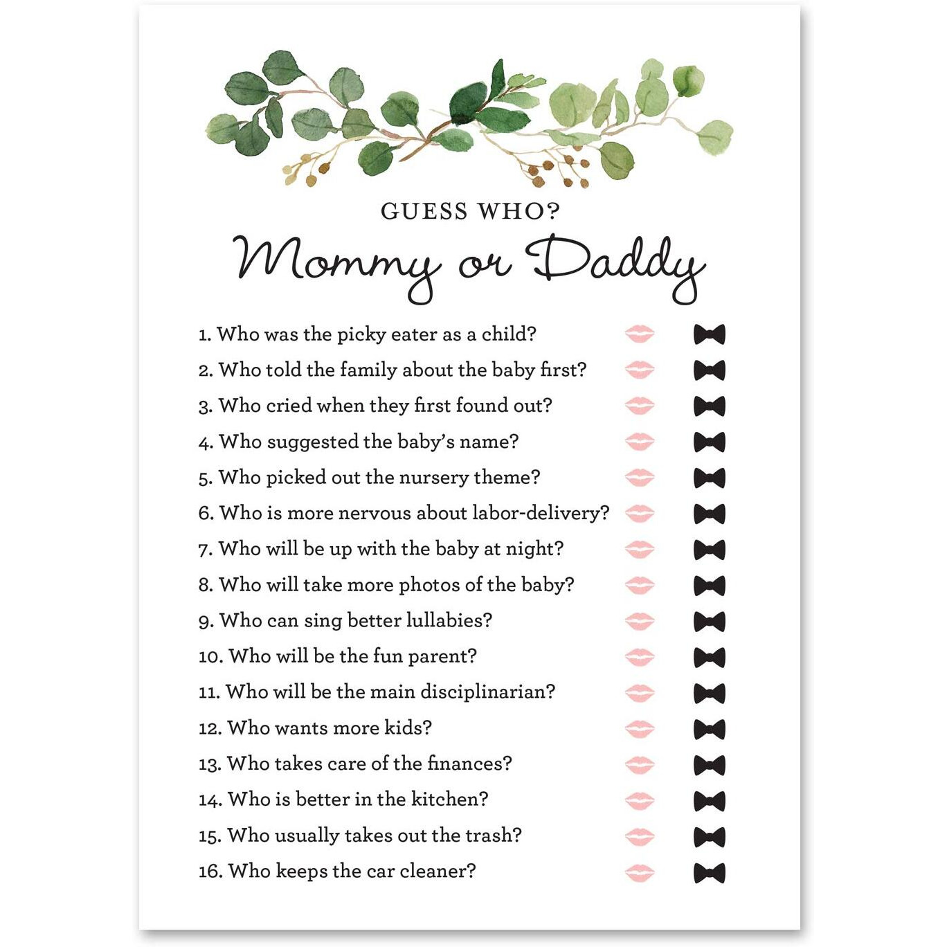 Invitationhouse 24 Greenery Guess Who Mommy Or Daddy Game - Mom Or Dad Quiz